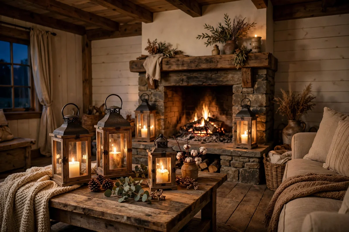 Wooden lanterns with candles in farmhouse living room