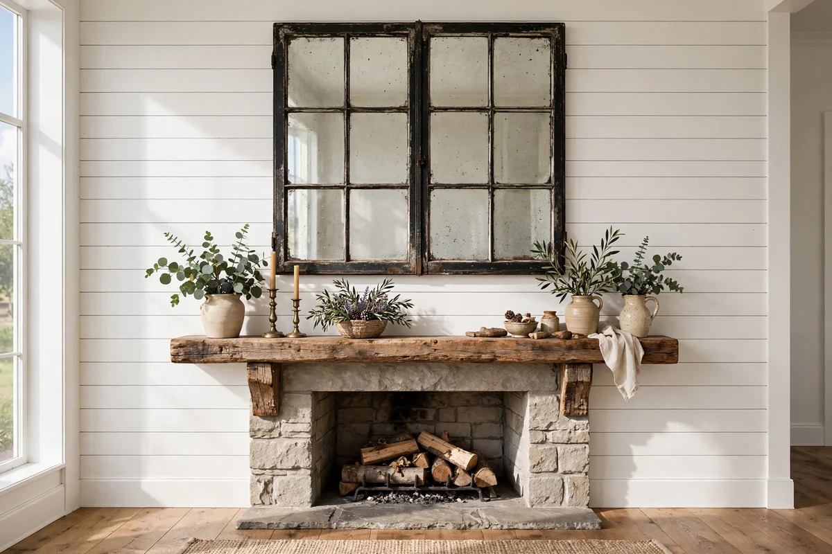 Vintage window pane mirror over farmhouse mantel