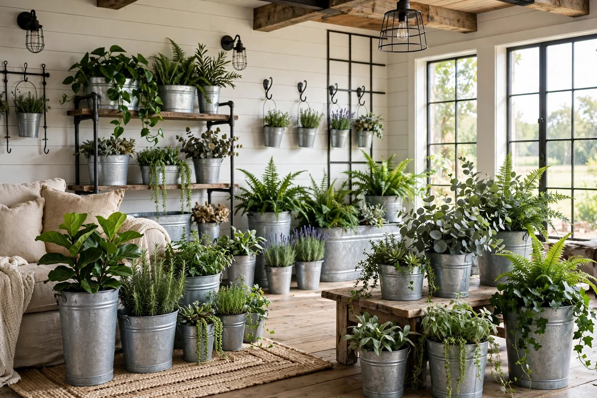 Galvanized metal planters with greenery in farmhouse living room