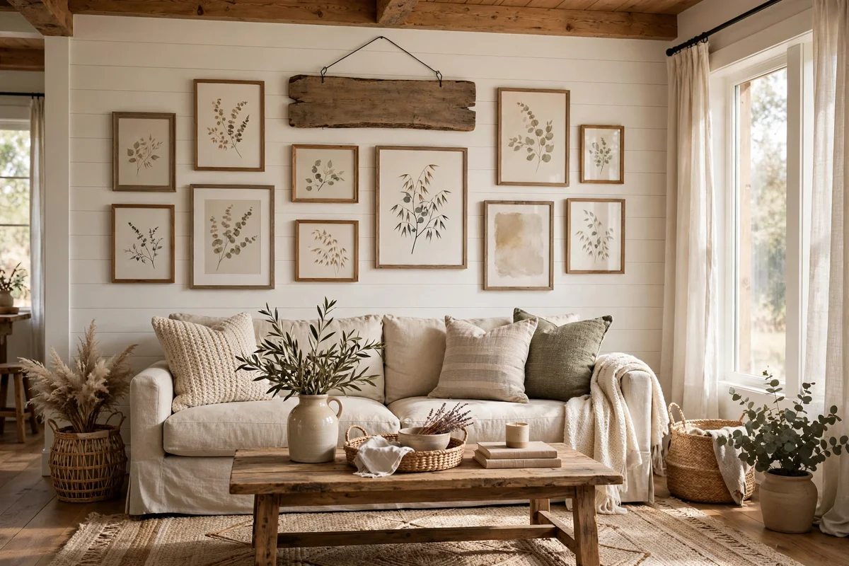Rustic wooden gather sign in farmhouse living room