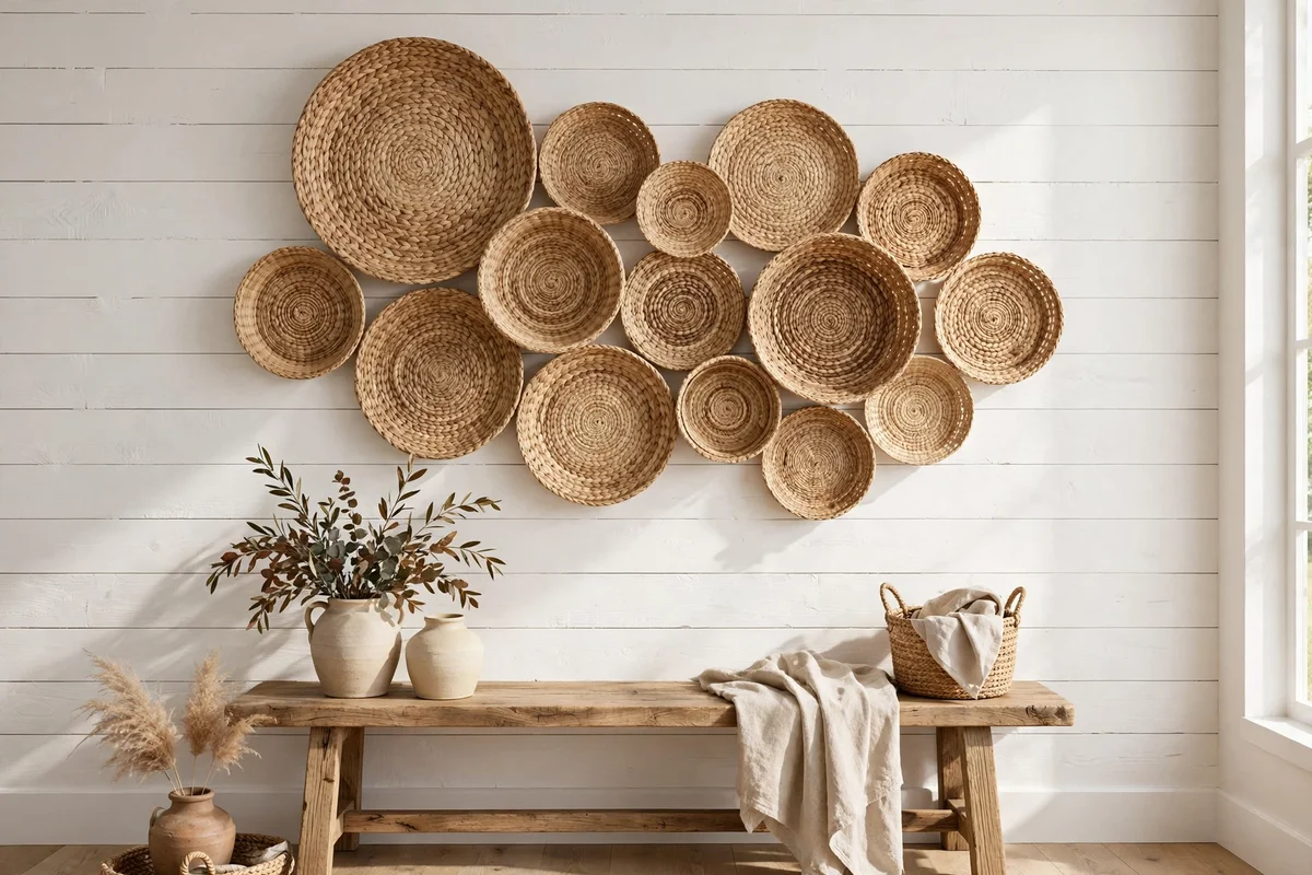 Woven seagrass basket wall gallery in farmhouse living room