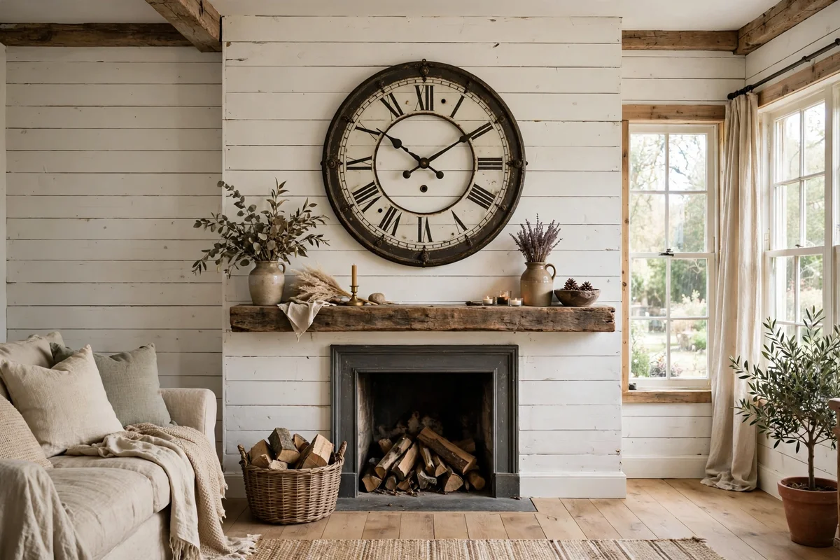 Large antique style wall clock in farmhouse living room