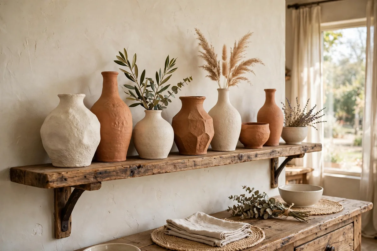 Handmade ceramic pottery vases on farmhouse shelf
