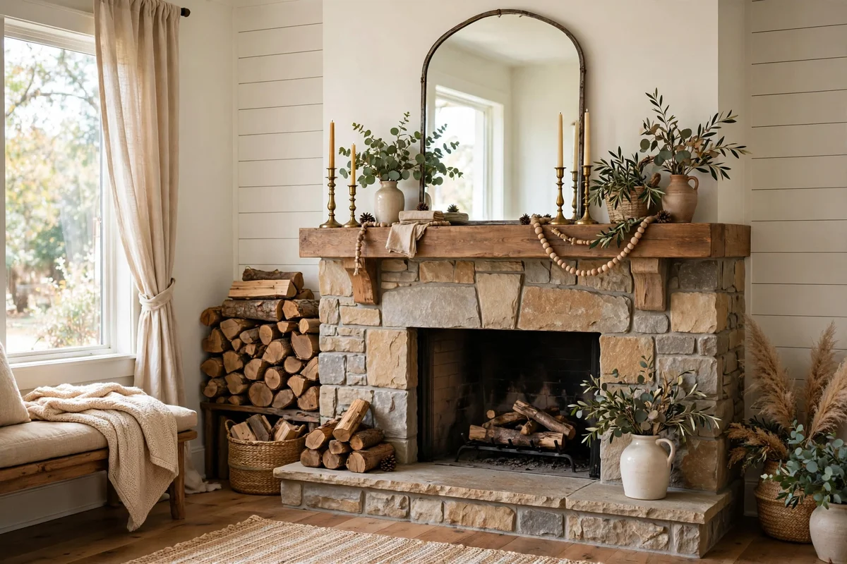 Beautifully styled farmhouse fireplace with mantel decor