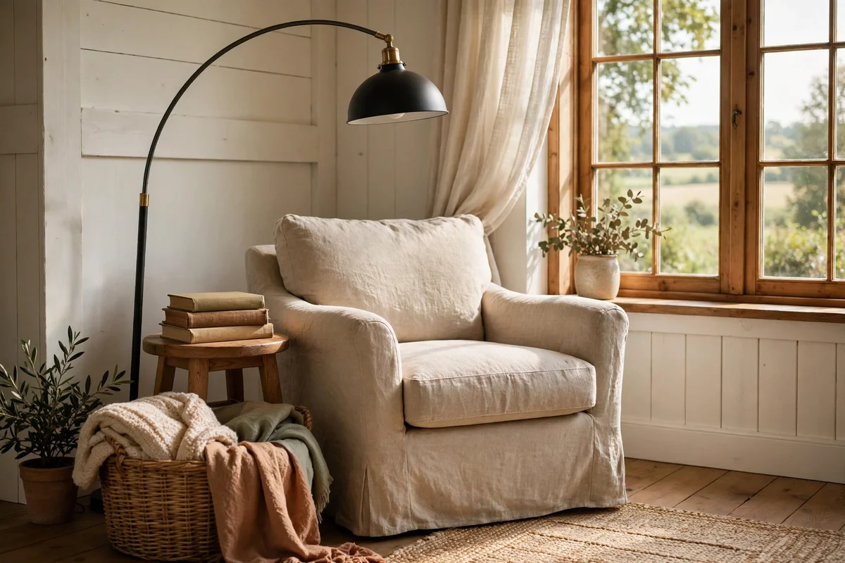 Cozy reading nook with armchair in farmhouse living room