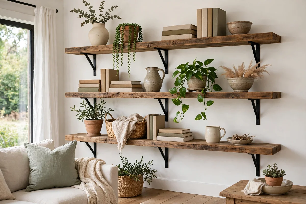Open reclaimed wood shelves styled in farmhouse living room