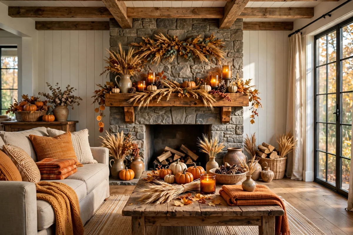 Farmhouse living room with seasonal fall decor accents