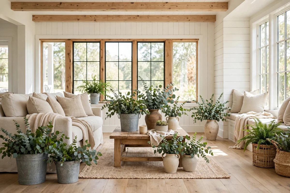 Farmhouse living room with fresh eucalyptus and green plants