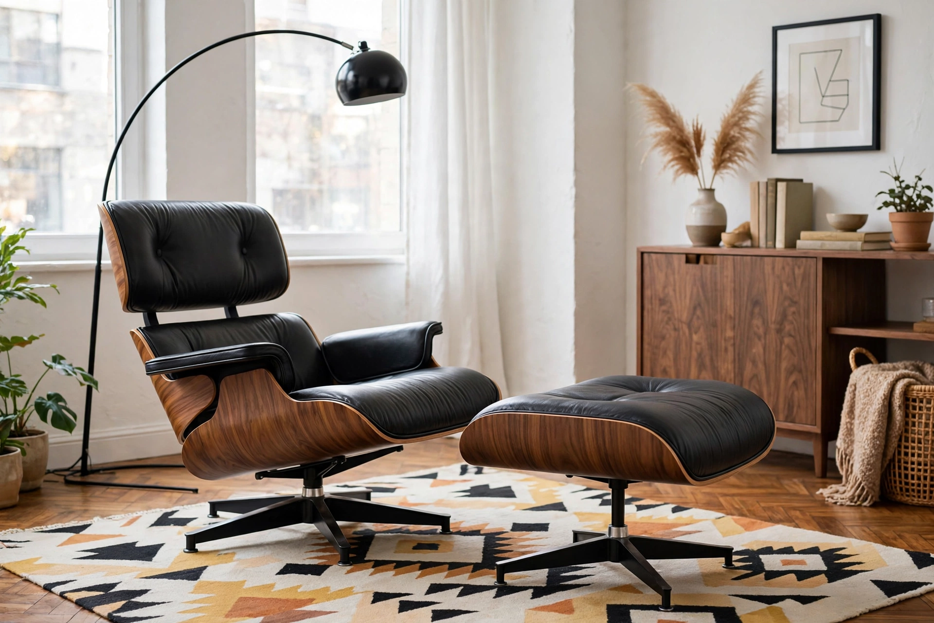 Eames-style mid-century modern lounge chair with ottoman in walnut and black leather in a studio apartment