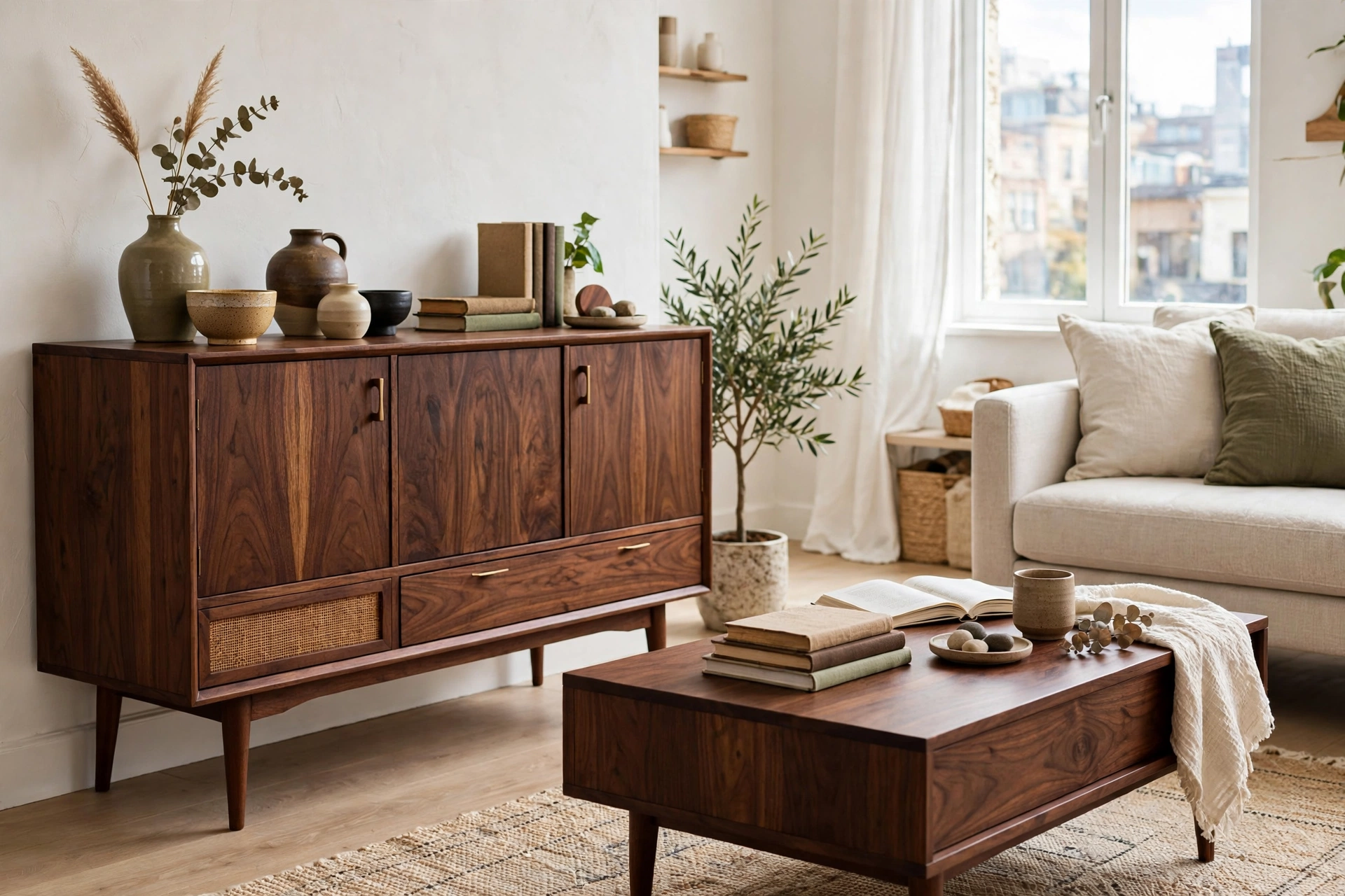 Walnut wood mid-century modern sideboard and coffee table in a bright studio apartment living area