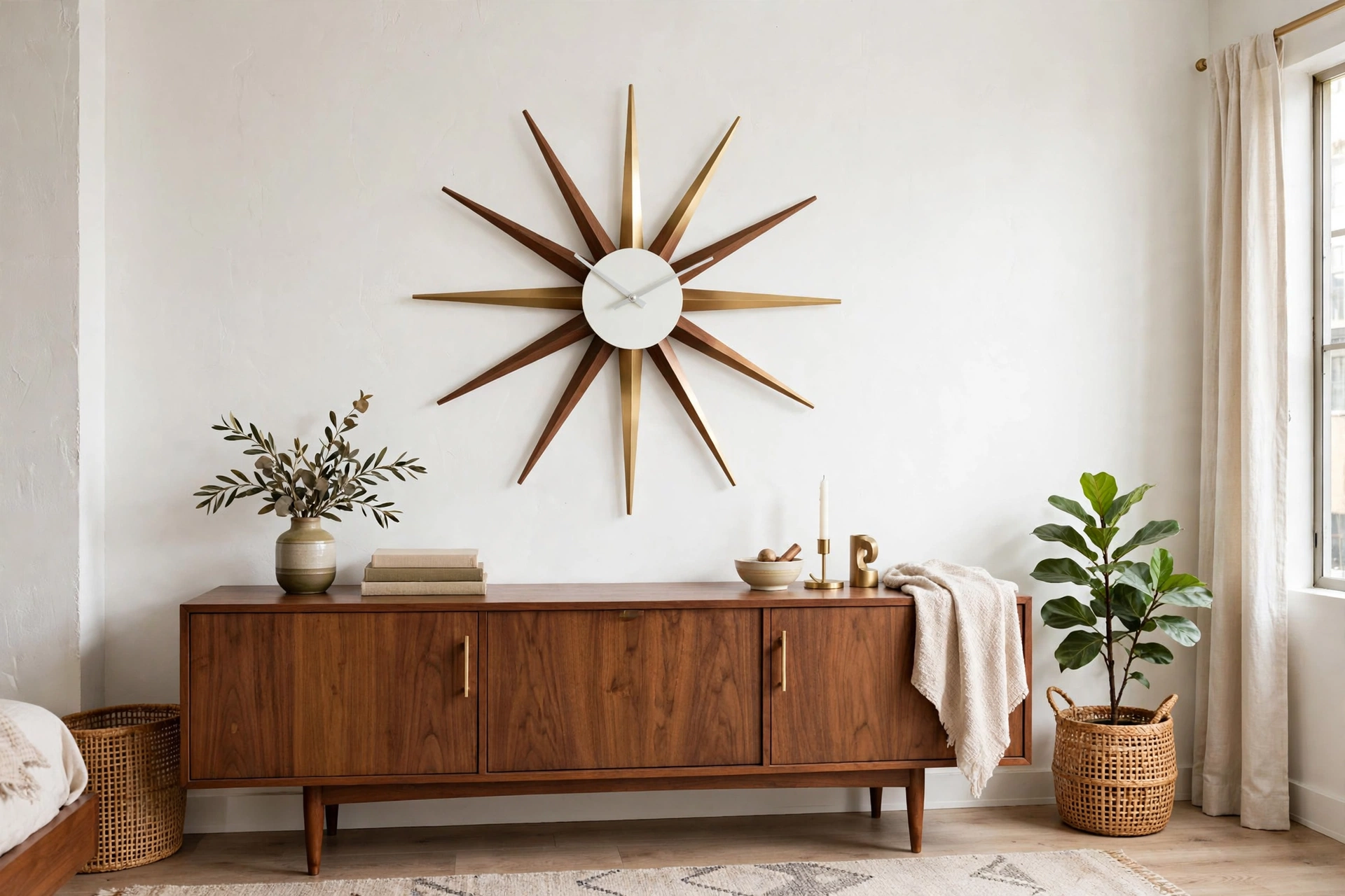 Starburst wall clock in walnut and brass above a mid-century modern credenza in a studio