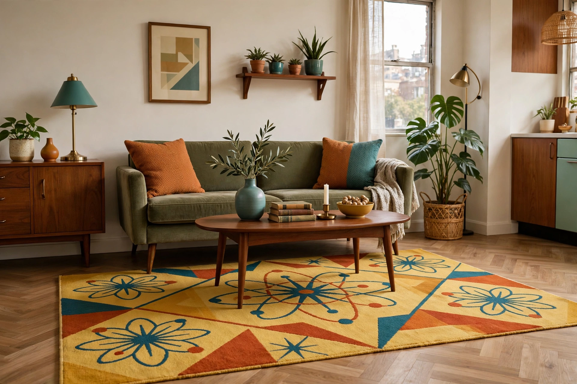Geometric mid-century modern area rug in mustard rust and teal anchoring a studio living zone