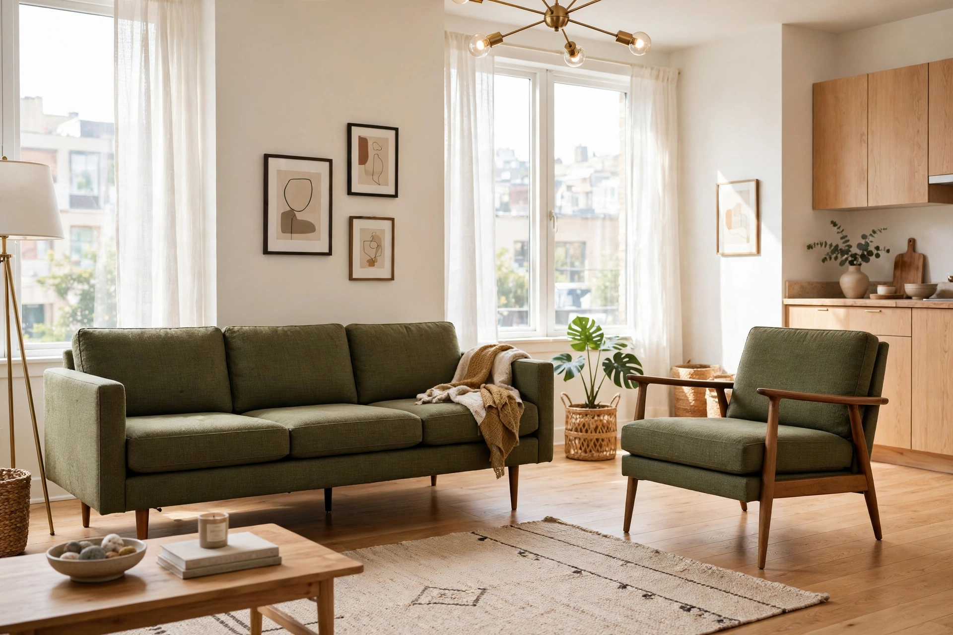 Mid-century modern sofa and armchair with tapered peg legs showing floor beneath in a studio