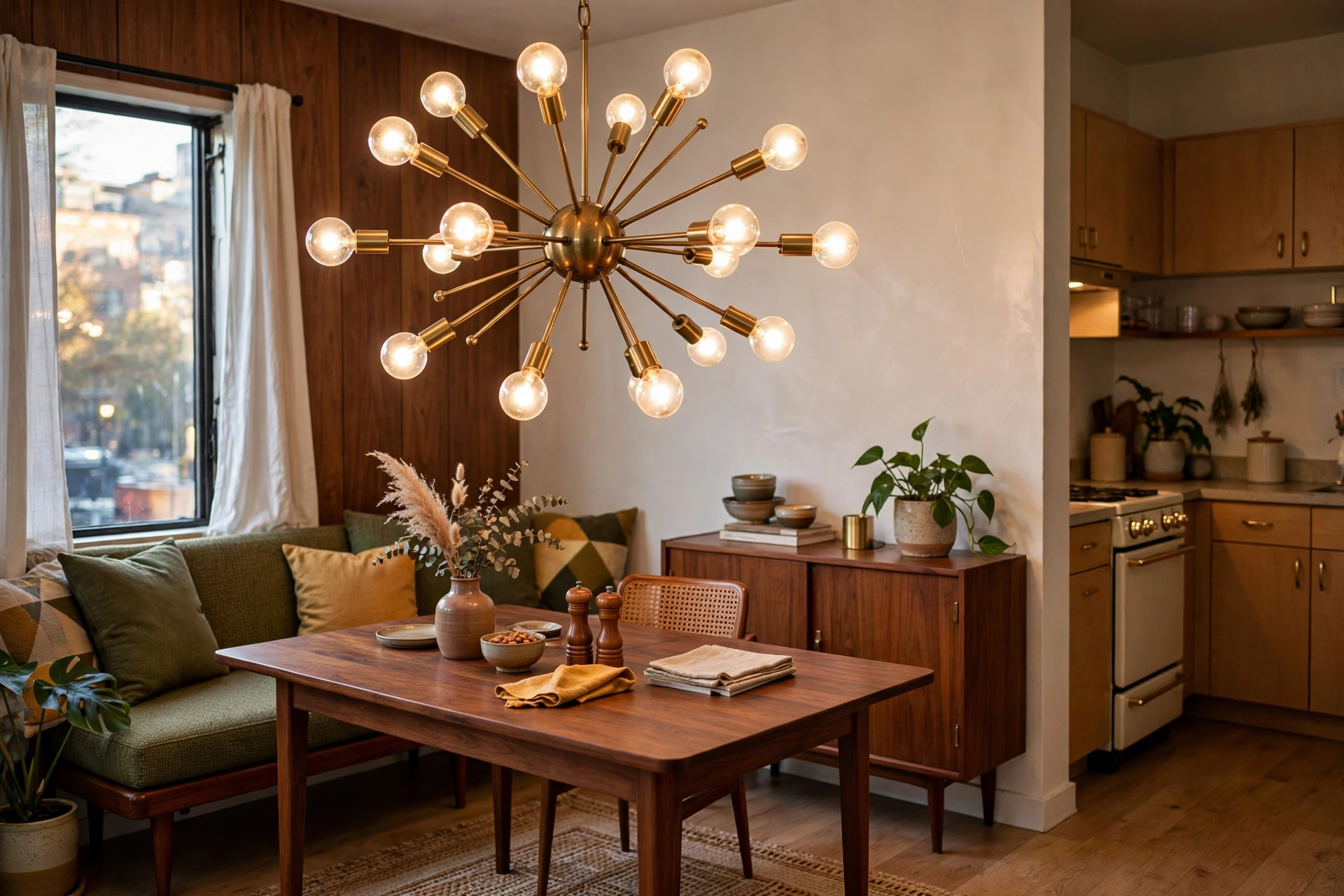 Brass sputnik chandelier glowing over a mid-century modern dining nook in a studio apartment