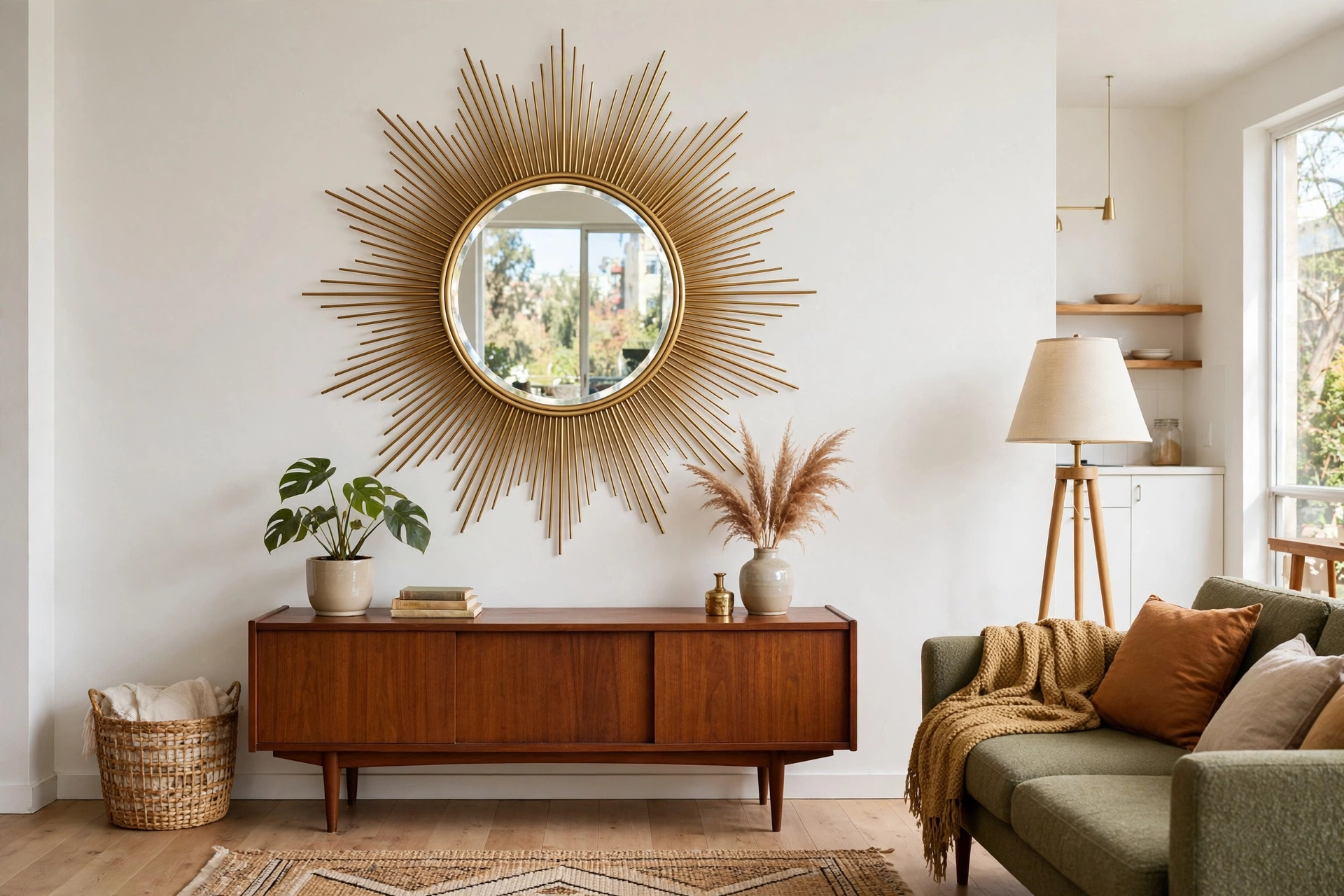 Brass sunburst mirror reflecting light on a white wall in a mid-century modern studio
