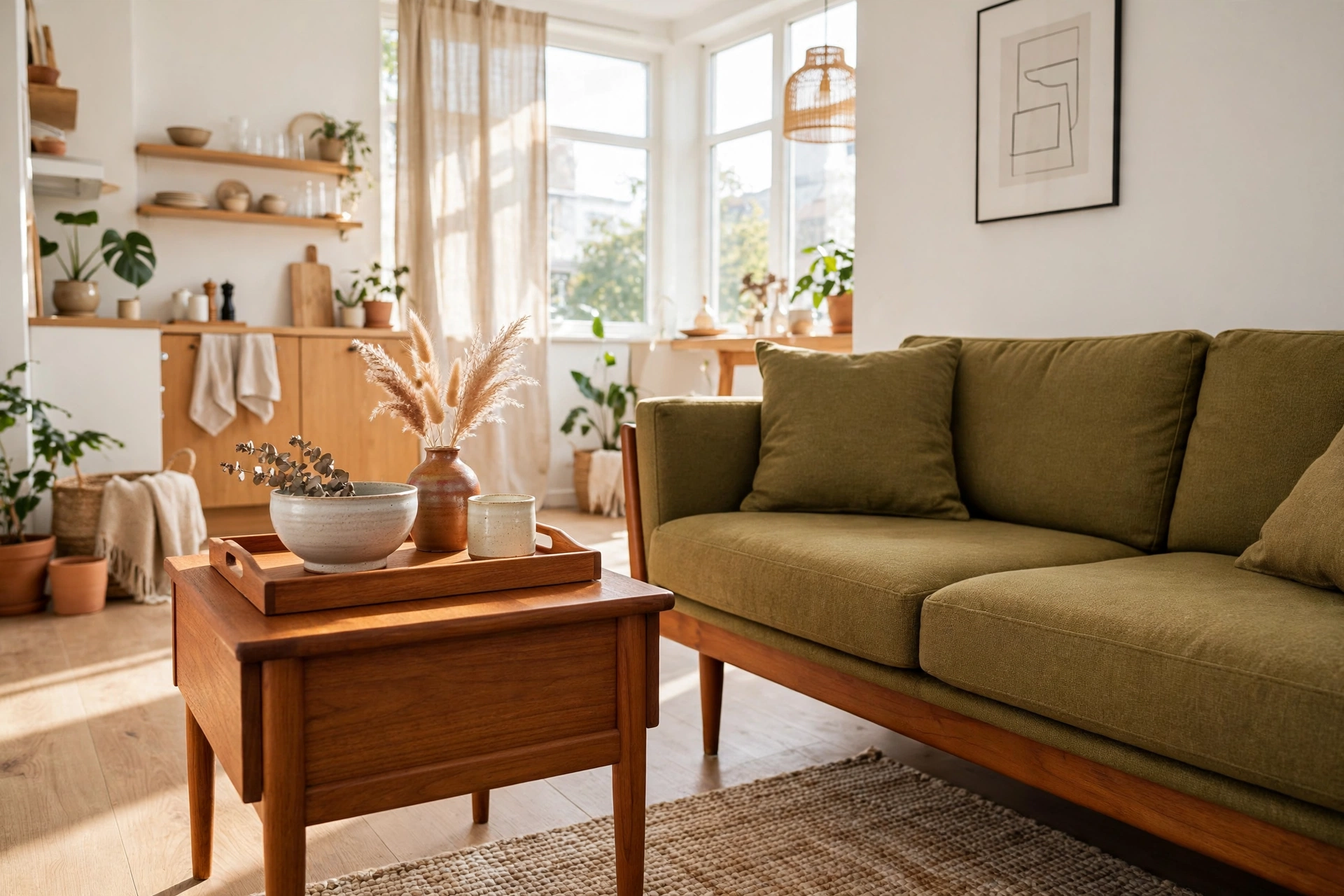 Teak wood side table and tray with warm honey tones beside a mid-century modern sofa in a studio