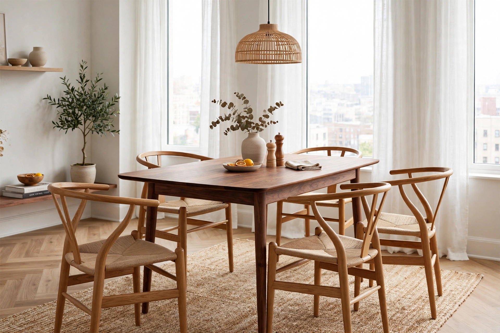 Wishbone-style mid-century modern dining chairs around a walnut table in a studio dining nook