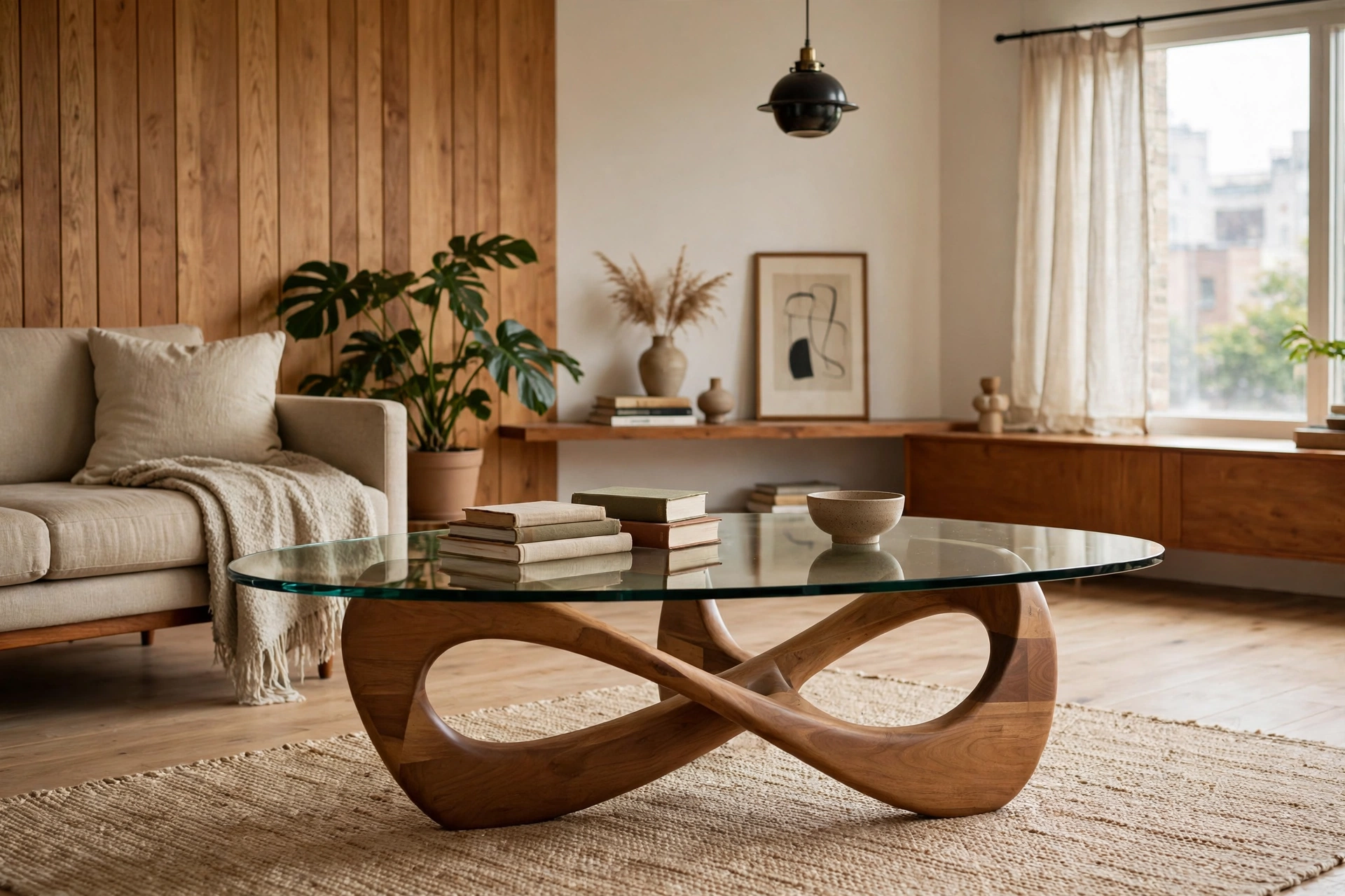 Noguchi-style sculptural coffee table with glass top in a mid-century modern studio living area