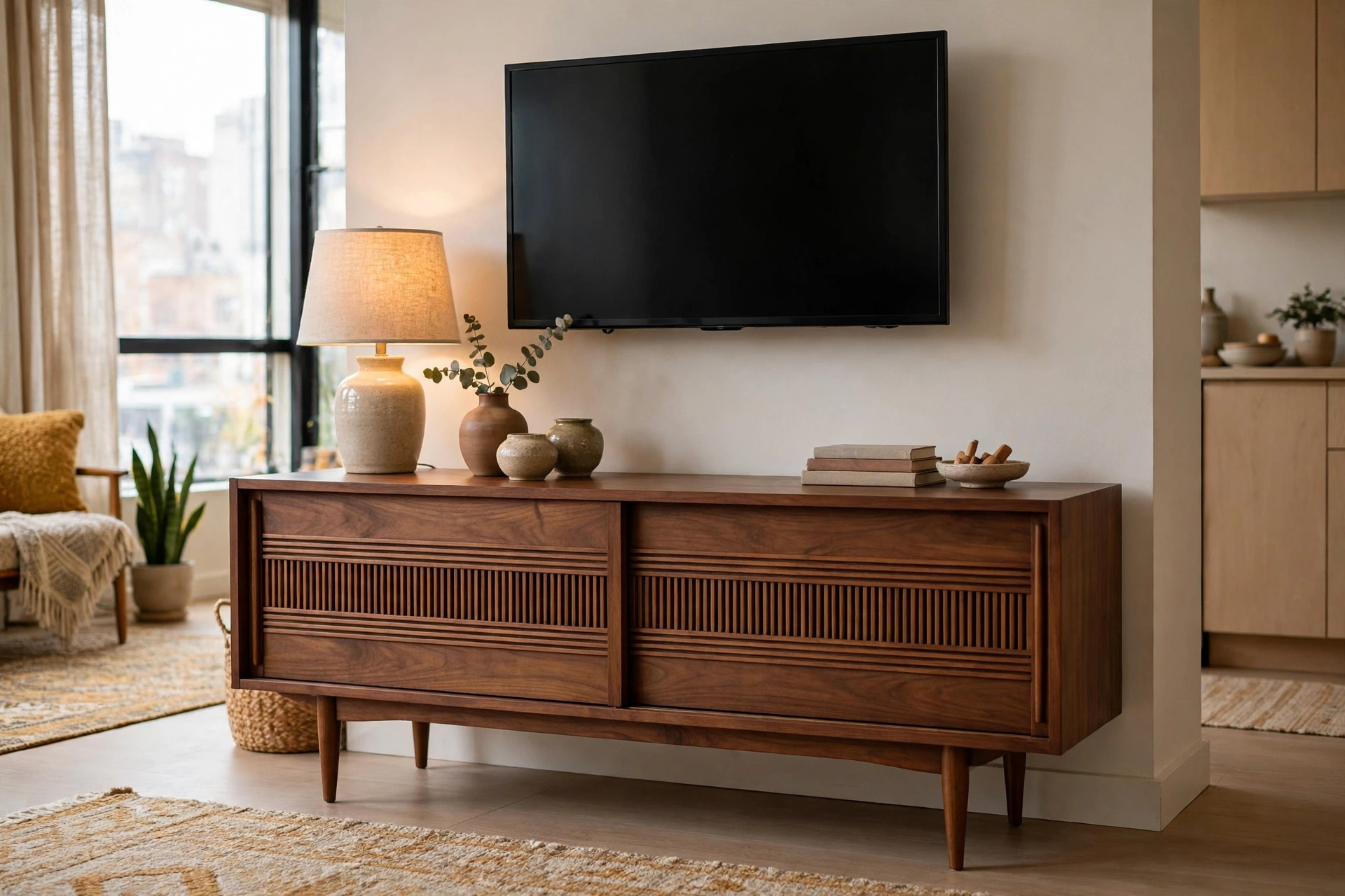 Low walnut mid-century modern credenza as media console under a TV in a studio apartment