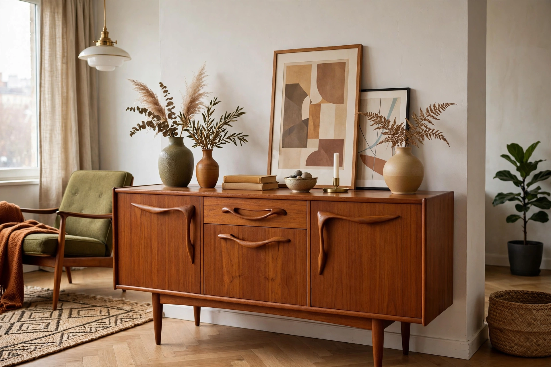 Vintage Danish teak sideboard with sculpted handles styled in a mid-century modern studio