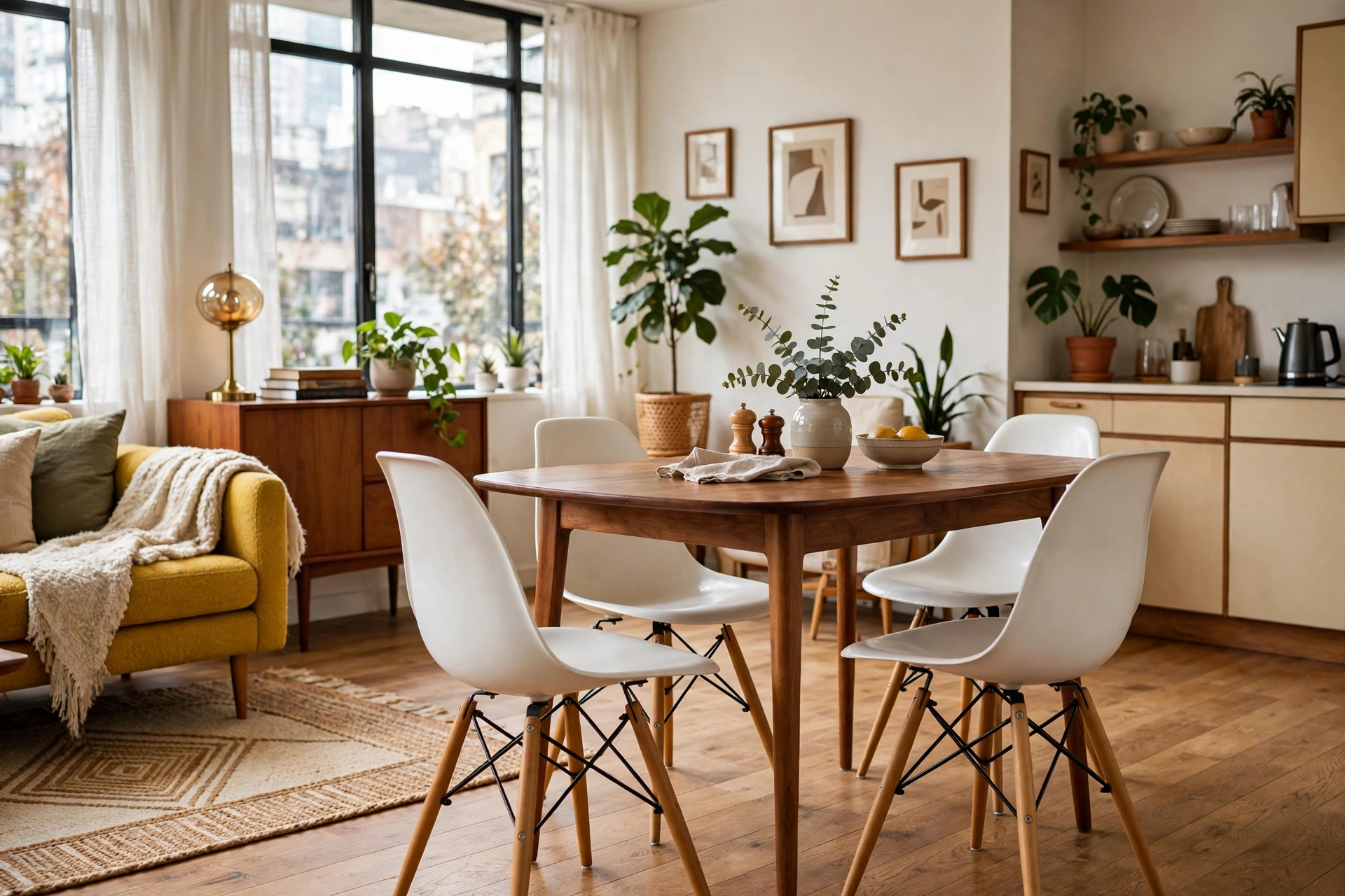 White molded shell chairs with wooden dowel legs around a dining table in a mid-century studio