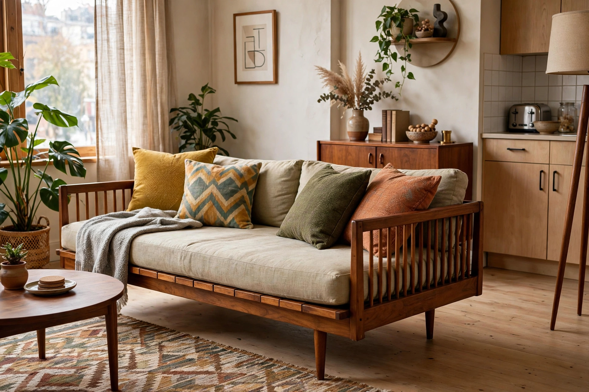 Mid-century modern daybed styled as a sofa with cushions in a studio apartment living zone