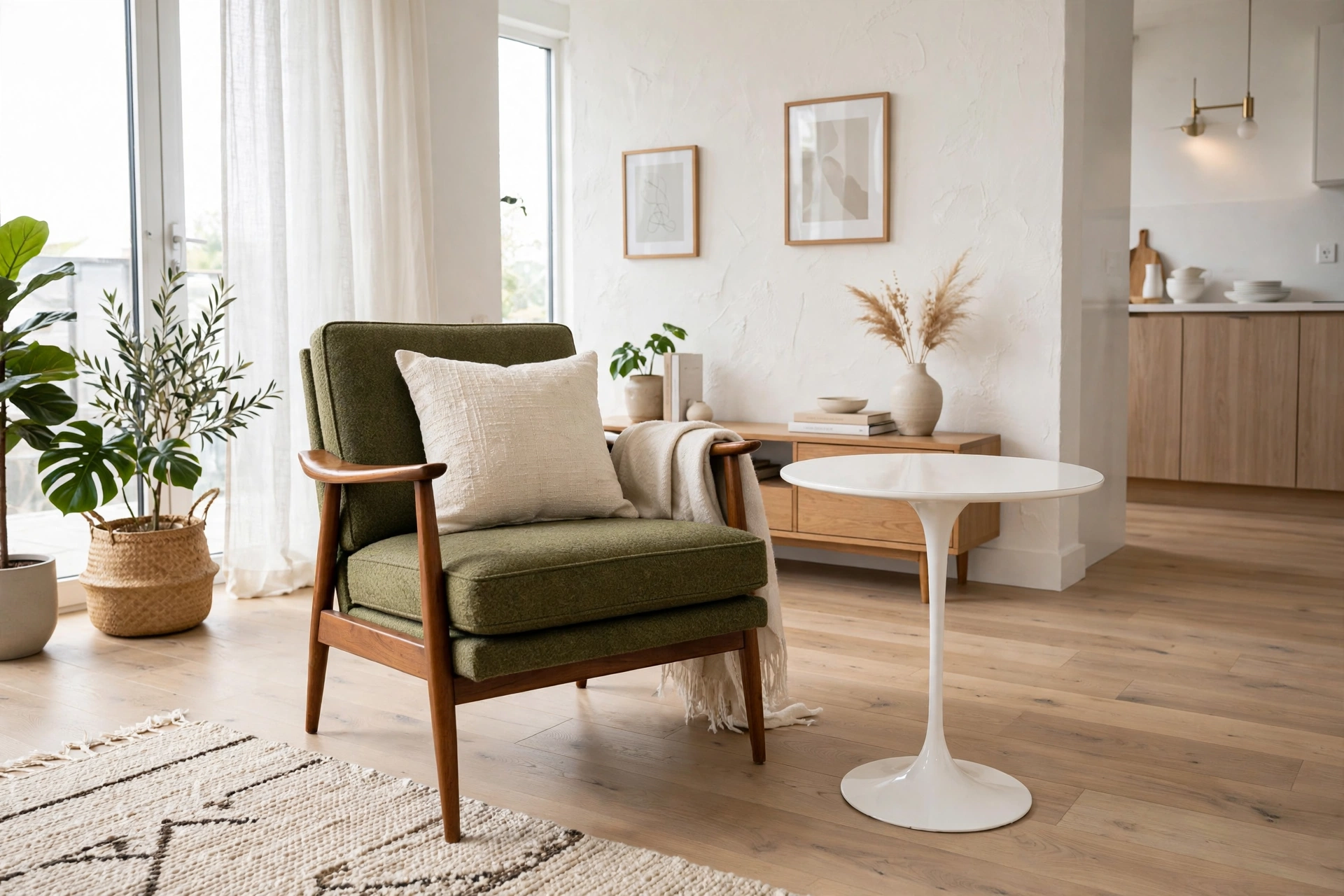 White tulip side table with pedestal base beside a mid-century modern armchair in a studio