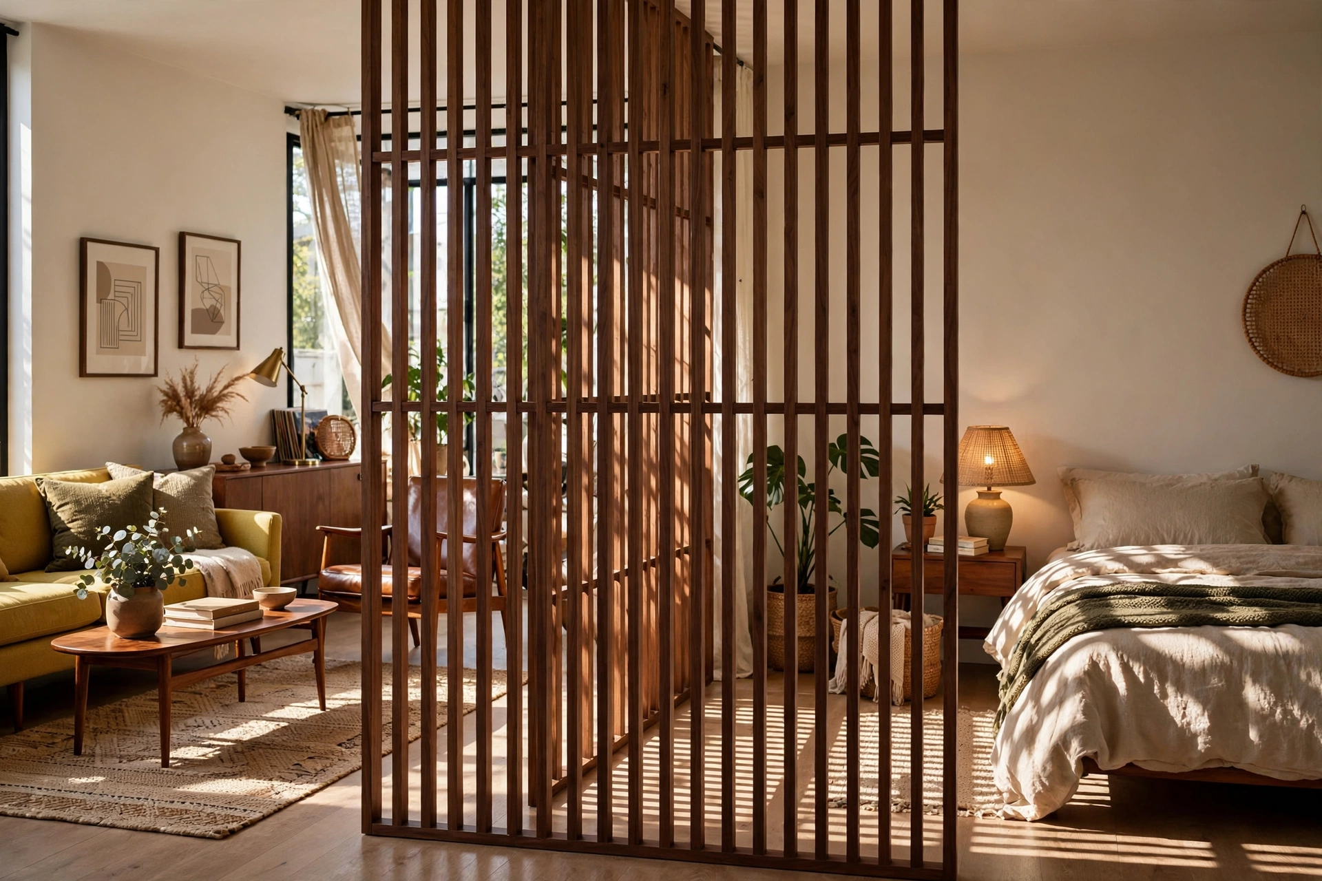Walnut slatted wood room divider separating sleeping and living zones in a mid-century studio