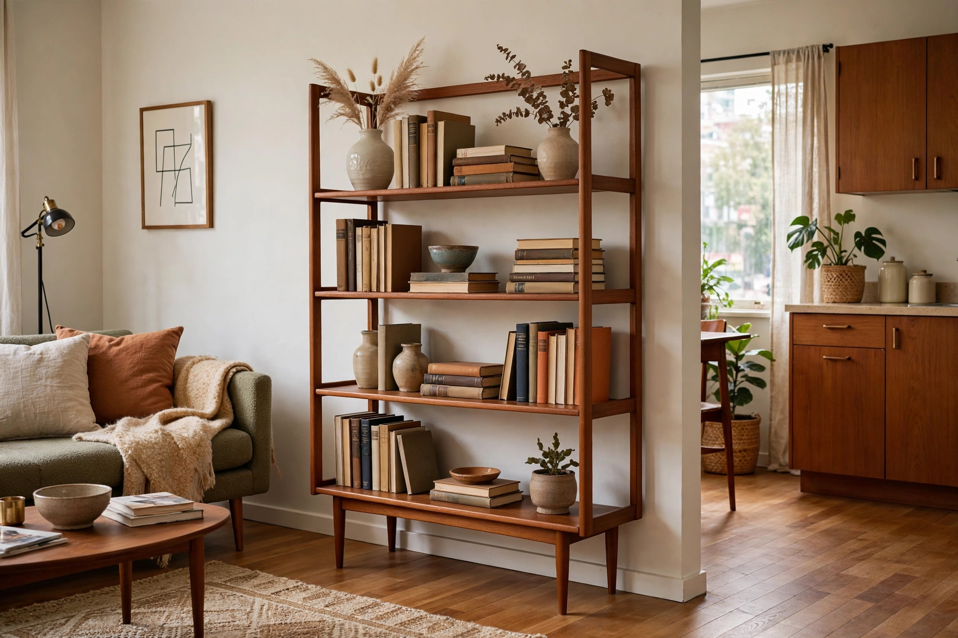 Teak open bookshelf styled with books and ceramics in a mid-century modern studio apartment