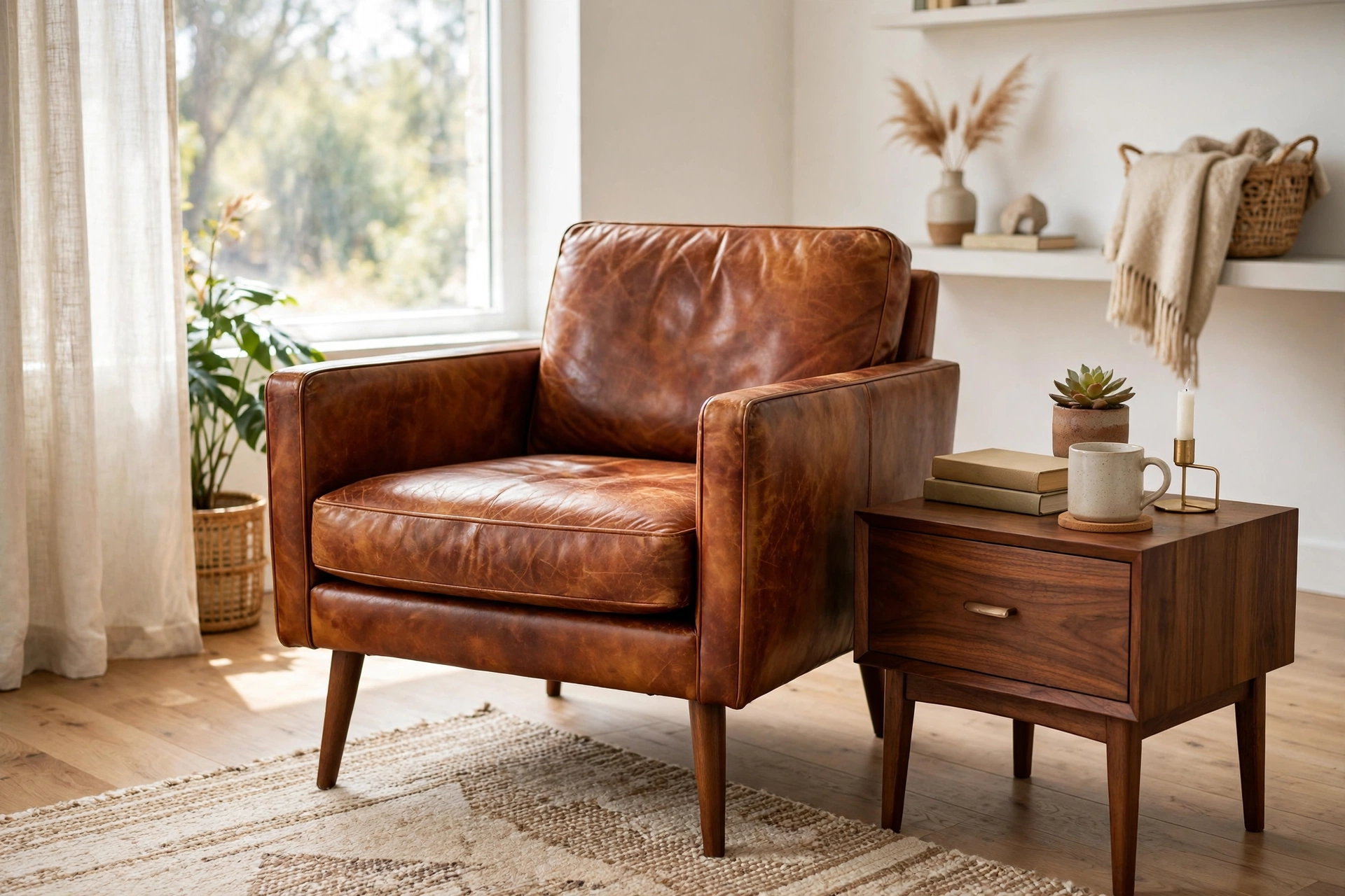 Cognac leather mid-century modern accent chair with patina in a bright studio corner