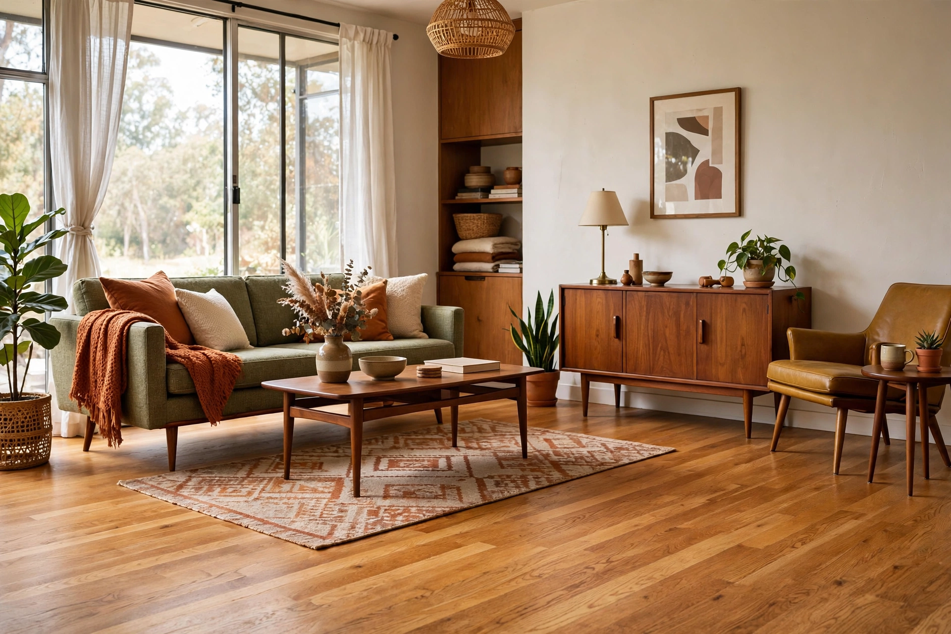 Warm honey oak plank flooring in a mid-century modern studio apartment interior