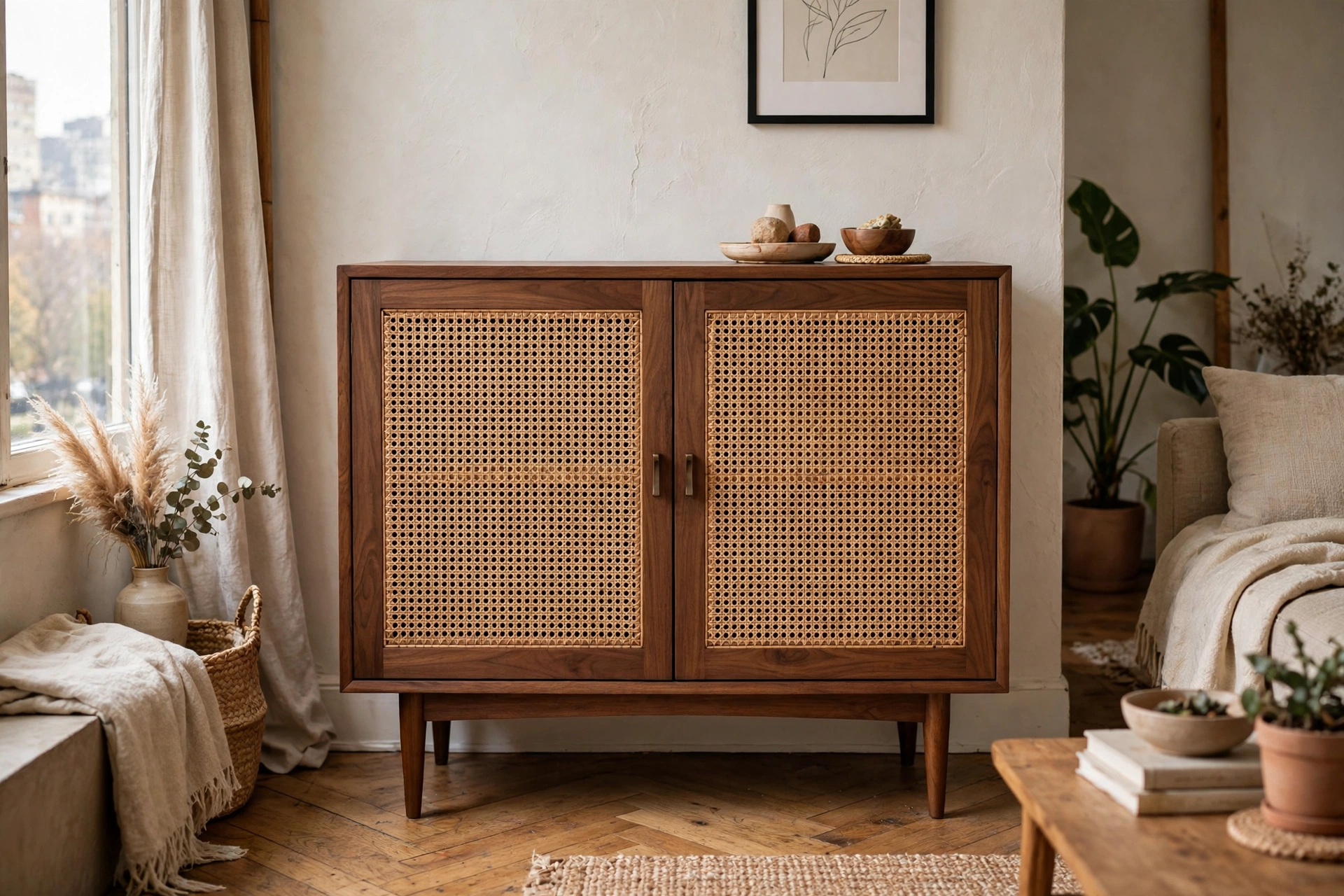 Mid-century modern cabinet with cane webbing doors in walnut in a studio apartment