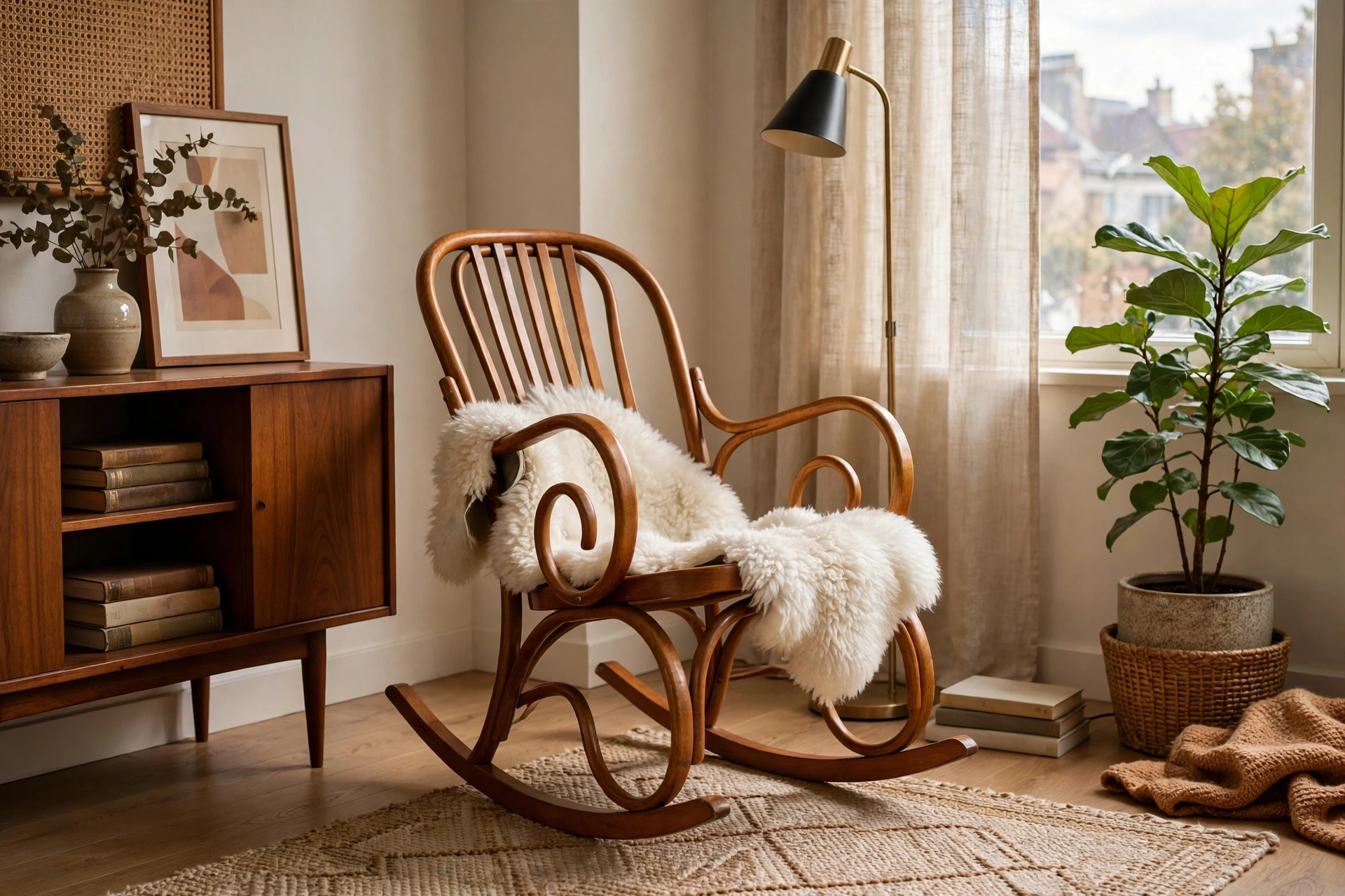 Bentwood rocking chair in warm wood with sheepskin throw in a mid-century modern studio corner