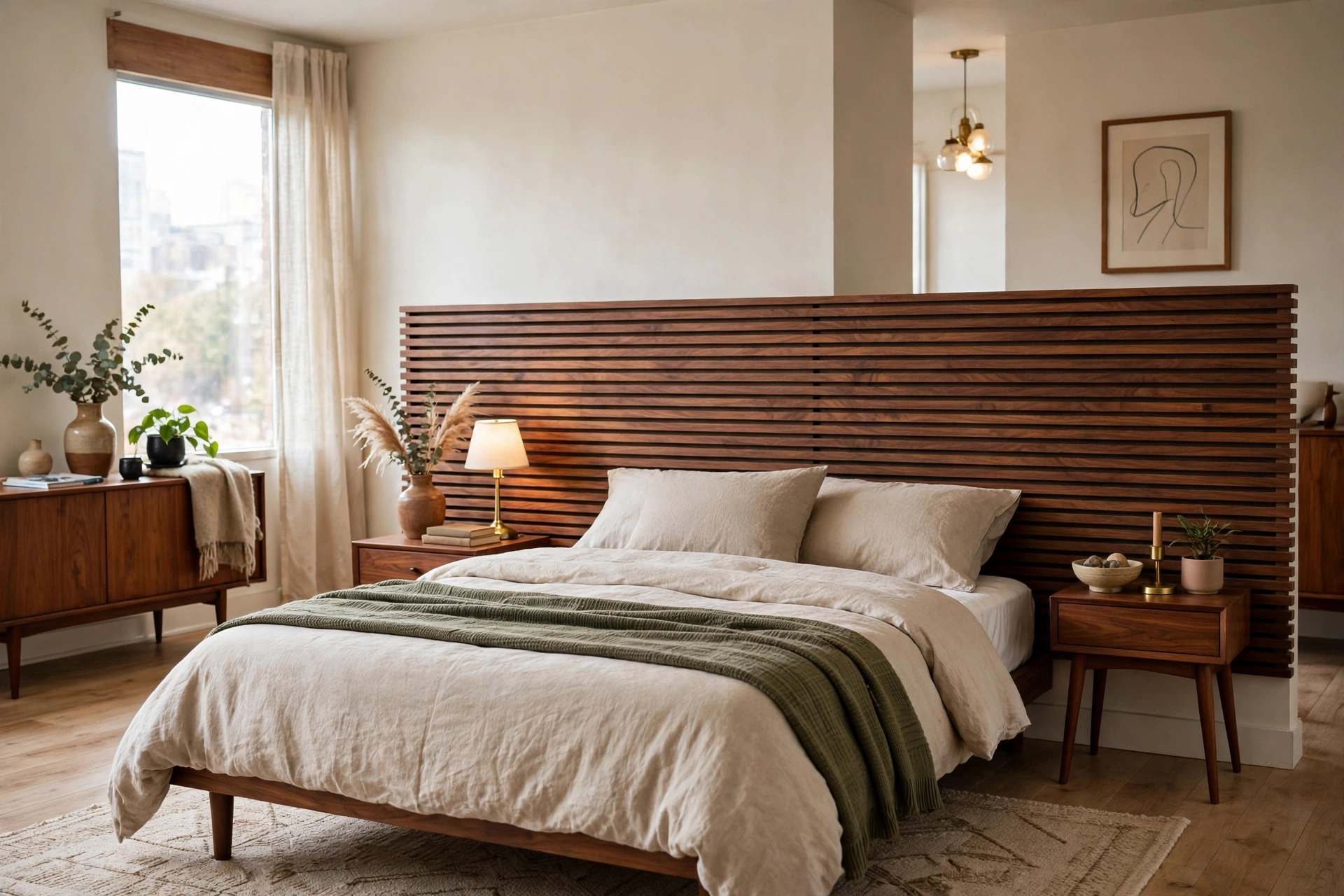 Slatted walnut wood headboard panel behind a bed in a mid-century modern studio sleeping zone