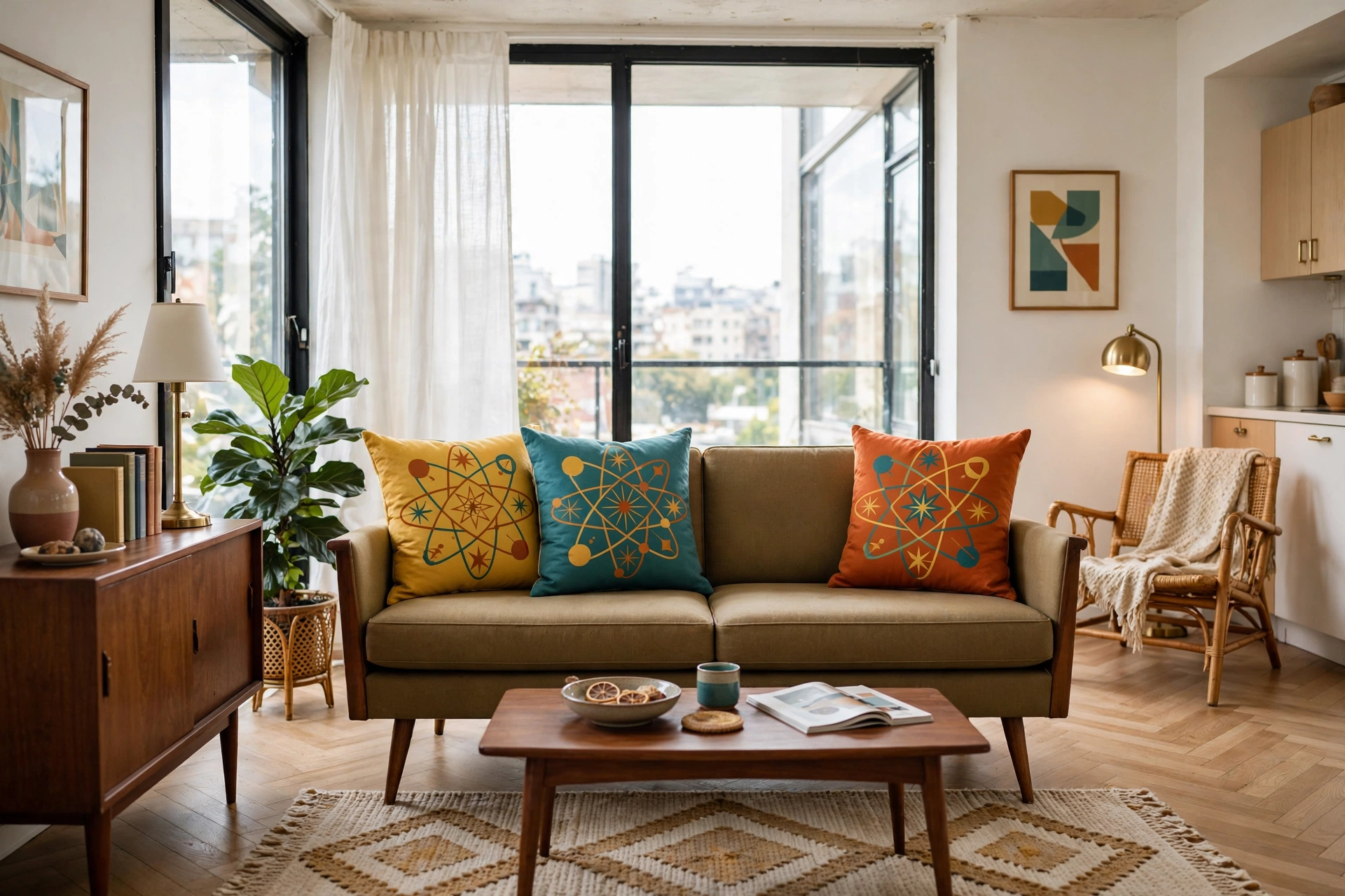 Sofa with geometric mid-century modern throw pillows in mustard teal and orange in a studio