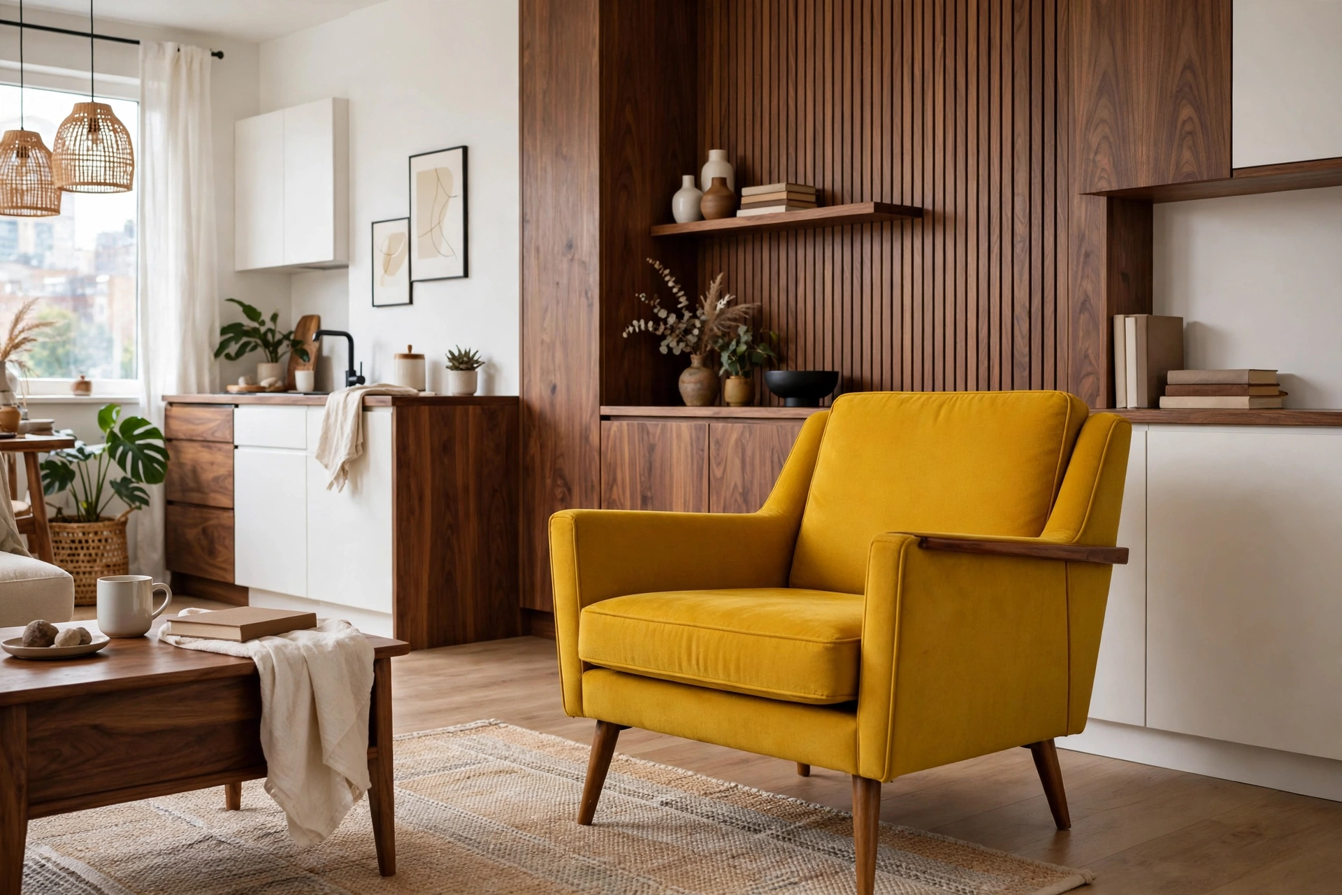 Mustard yellow mid-century modern armchair as accent in a walnut and white studio apartment