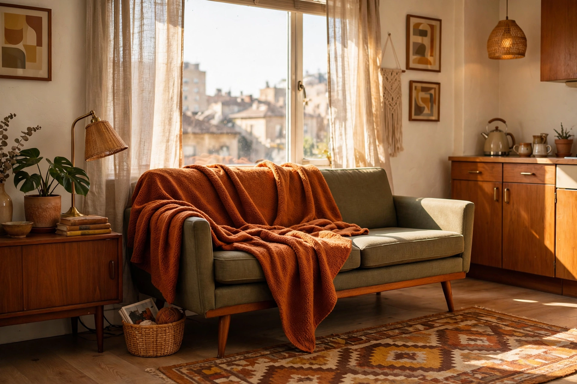 Burnt orange throw blanket draped over a mid-century modern sofa in a sunlit studio