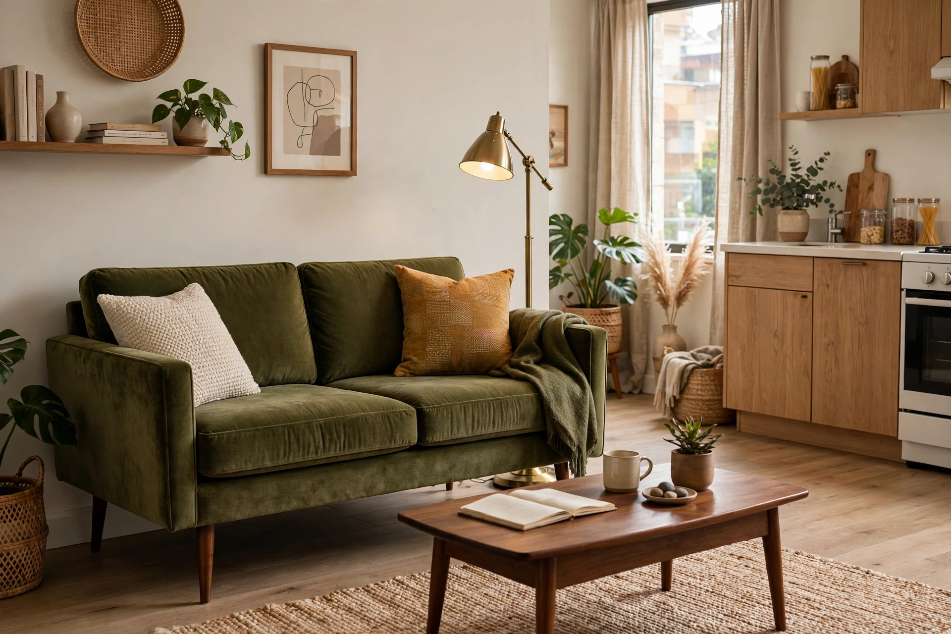 Olive green velvet mid-century modern loveseat with walnut legs in a studio living area