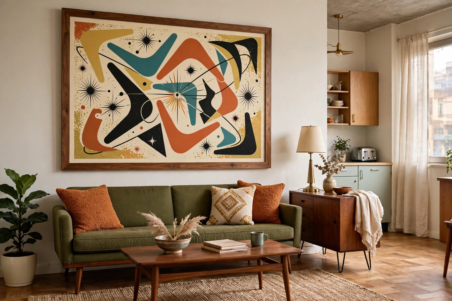 Large abstract atomic-age art print in walnut frame above a mid-century modern sofa in a studio