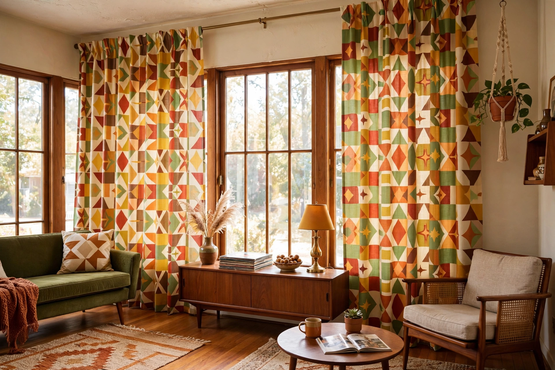 Retro geometric print curtain panels hung high in a mid-century modern studio apartment