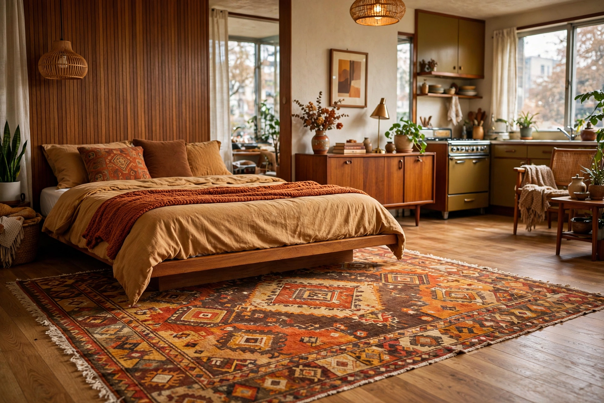 Vintage-style patterned rug in warm retro tones zoning a sleeping area in a mid-century studio
