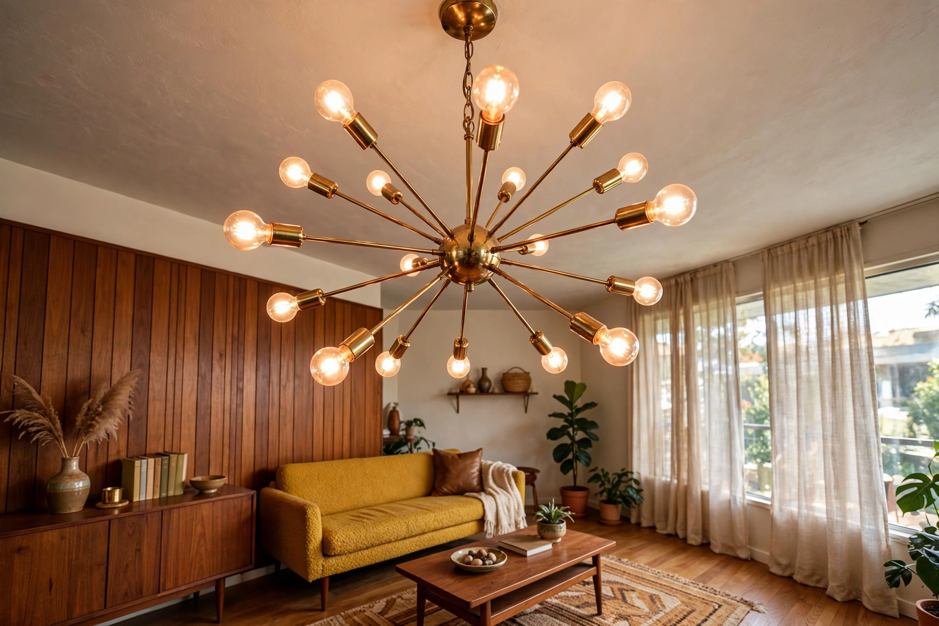 Brass sputnik chandelier with globe bulbs as statement lighting in a mid-century modern studio