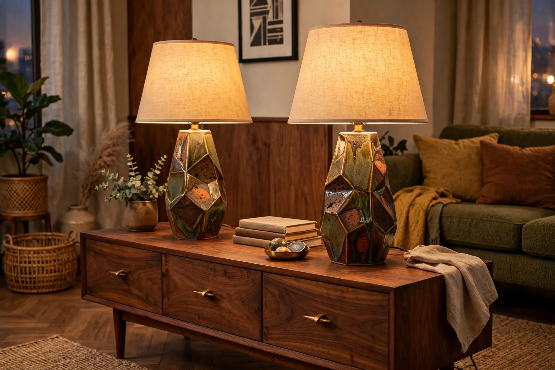Pair of mid-century modern ceramic table lamps with geometric glaze on a walnut credenza
