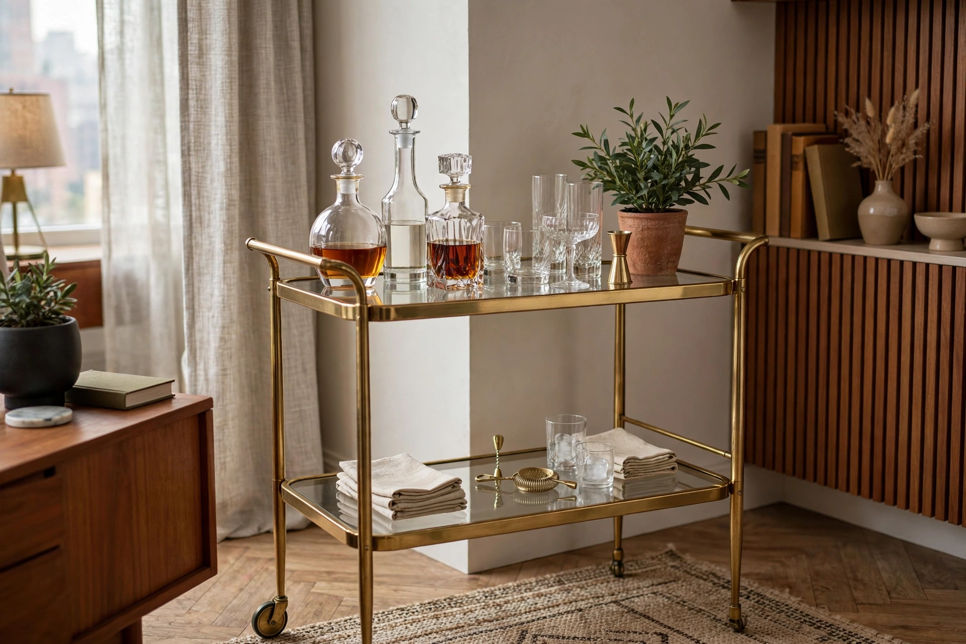 Brass and glass mid-century modern bar cart styled with decanters in a studio apartment