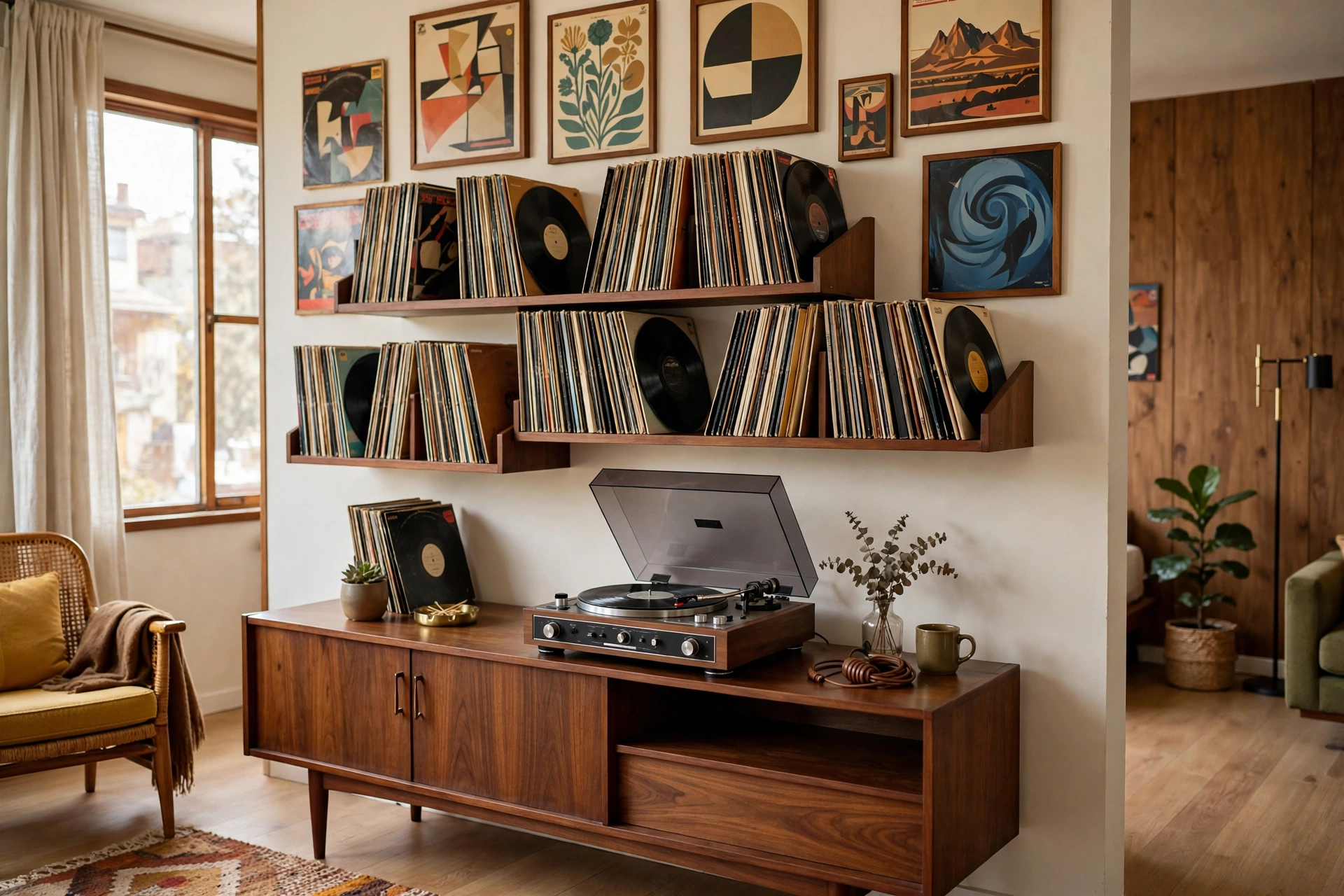 Vinyl records displayed on wall shelves with a turntable on a credenza in a mid-century studio