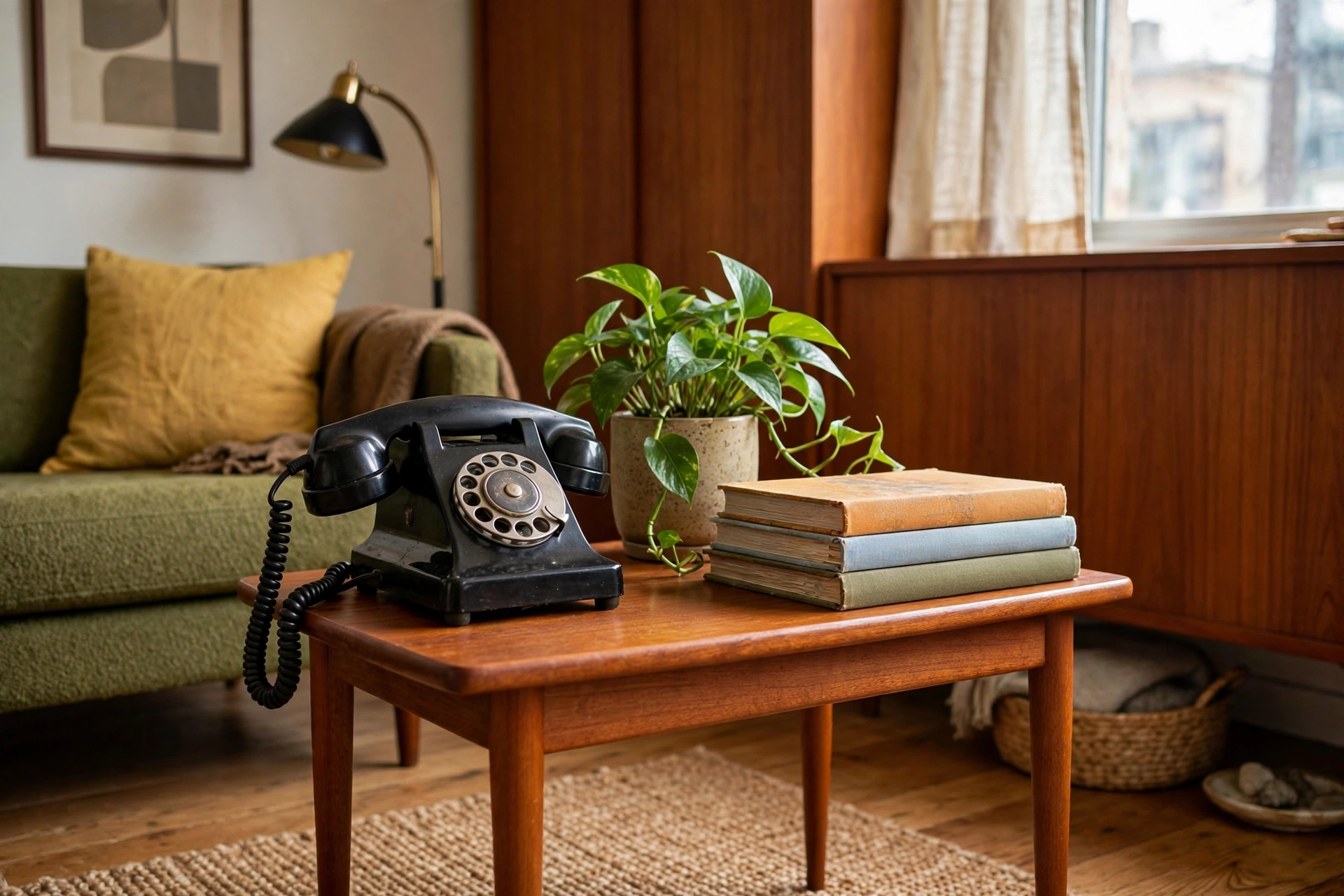 Vintage rotary telephone on a small teak table styled as a retro nook in a mid-century studio