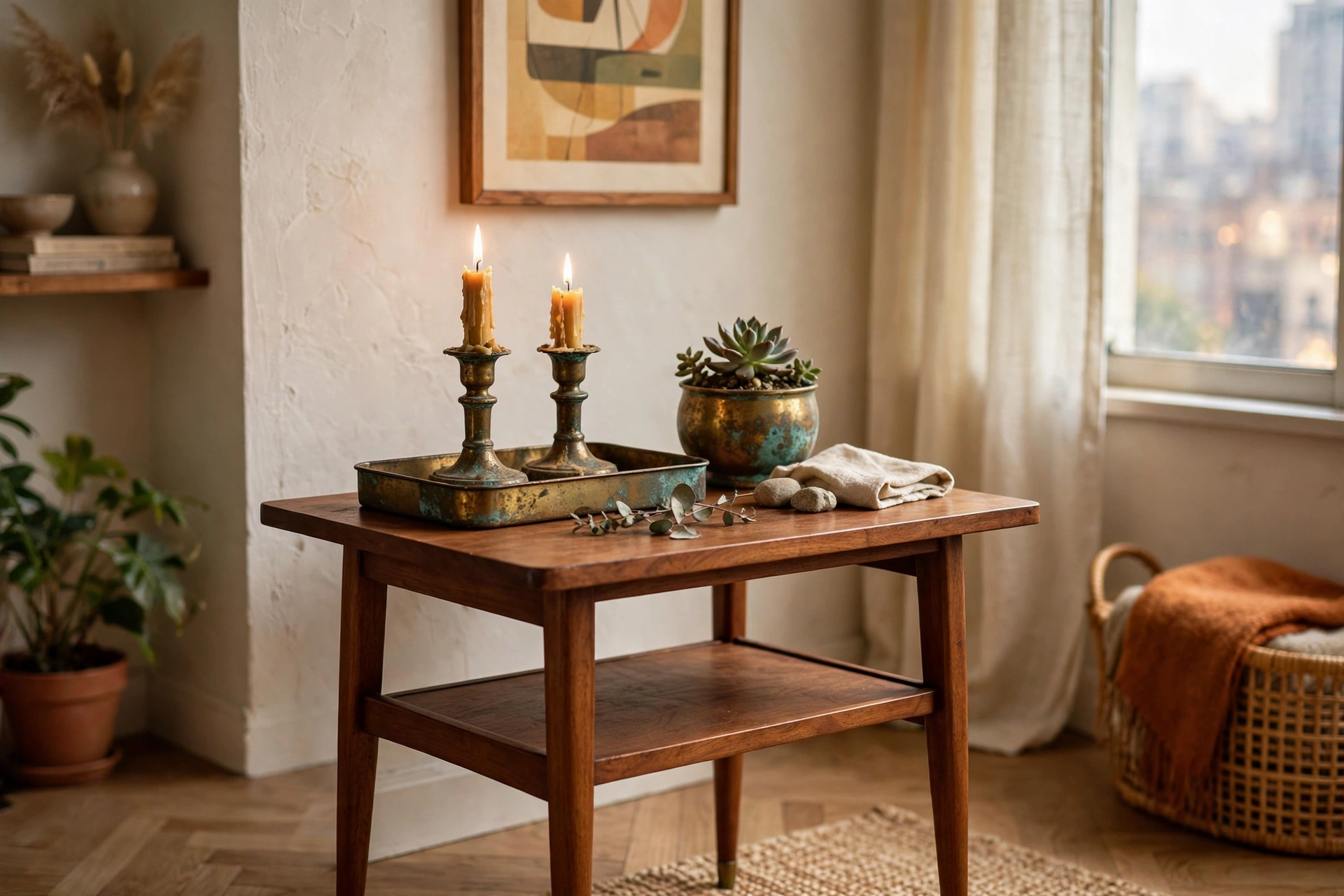 Brass candle holders tray and planter accents glowing on a mid-century modern side table