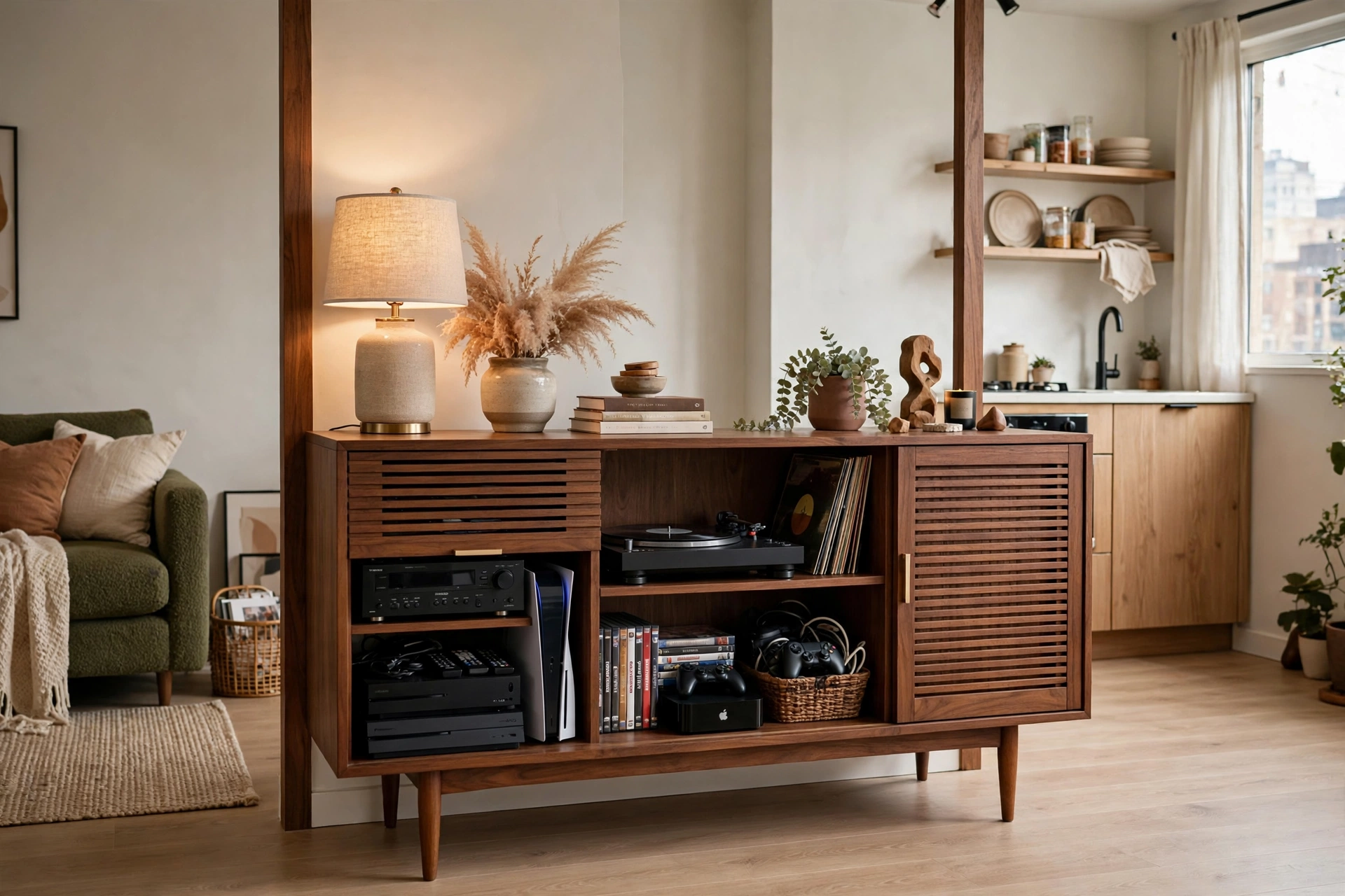 Walnut credenza dividing zones and storing media in a small mid-century modern studio