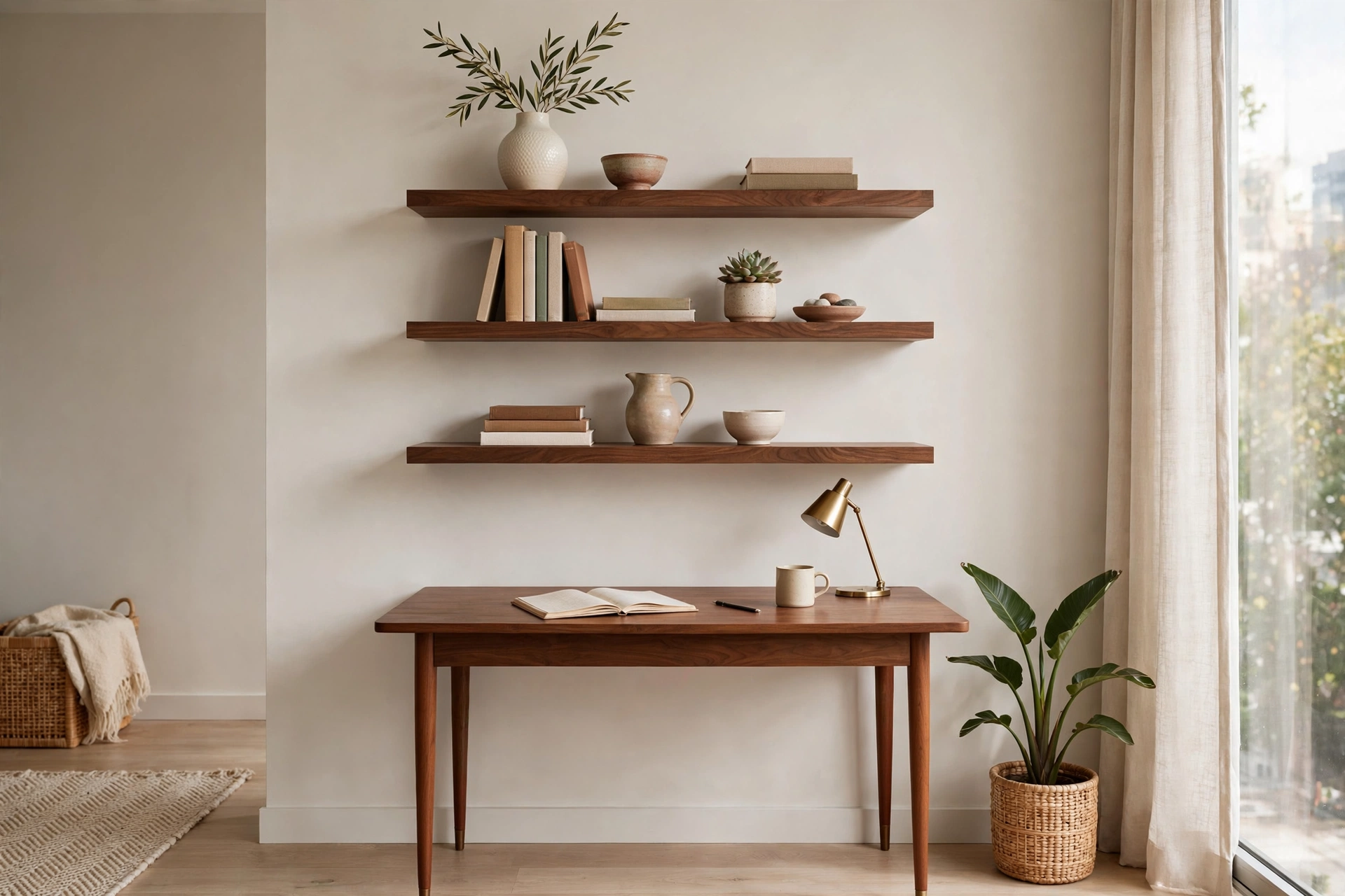 Floating walnut shelves with books and ceramics above a desk in a mid-century modern studio