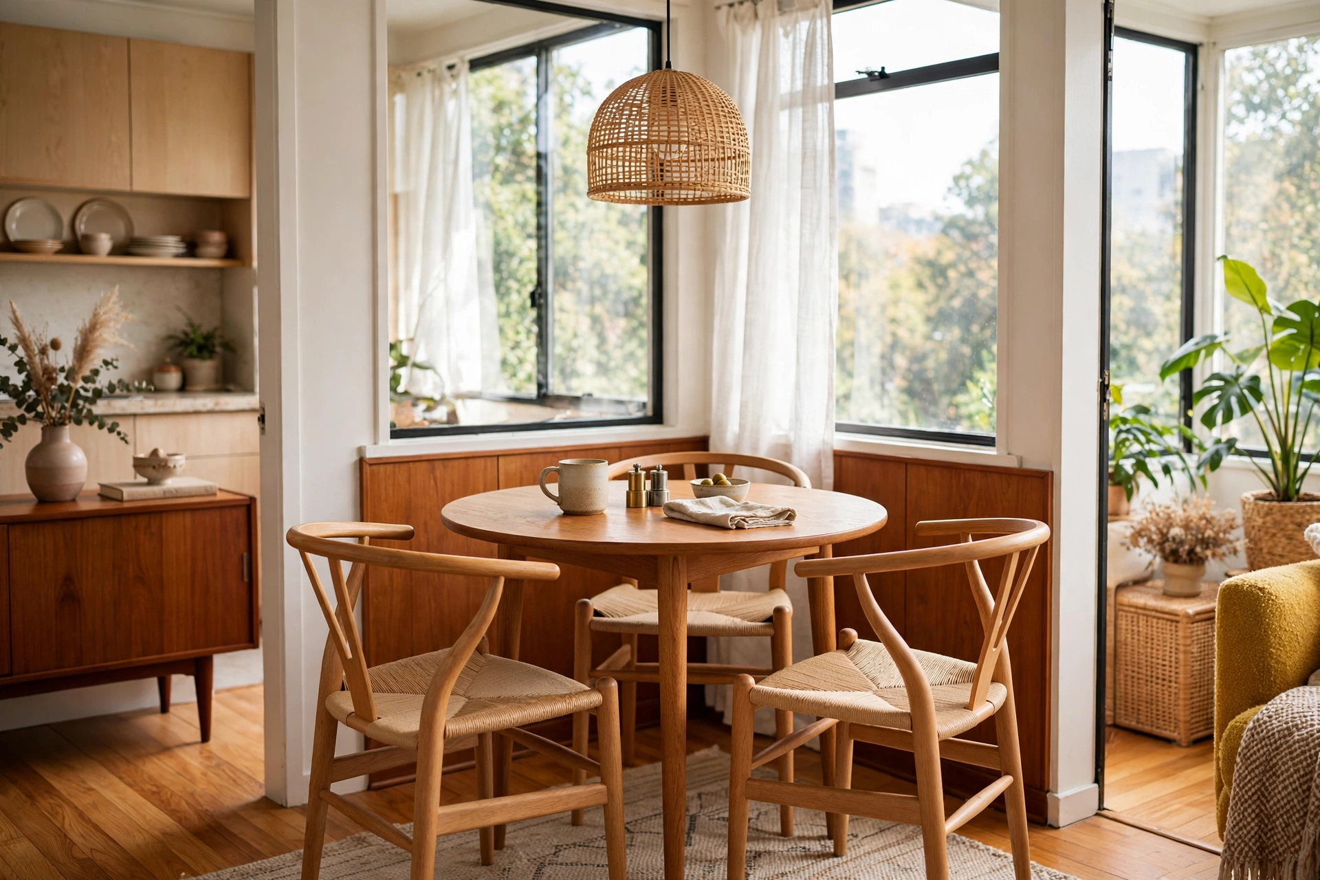 Compact round dining table with wishbone chairs in a bright corner of a mid-century studio